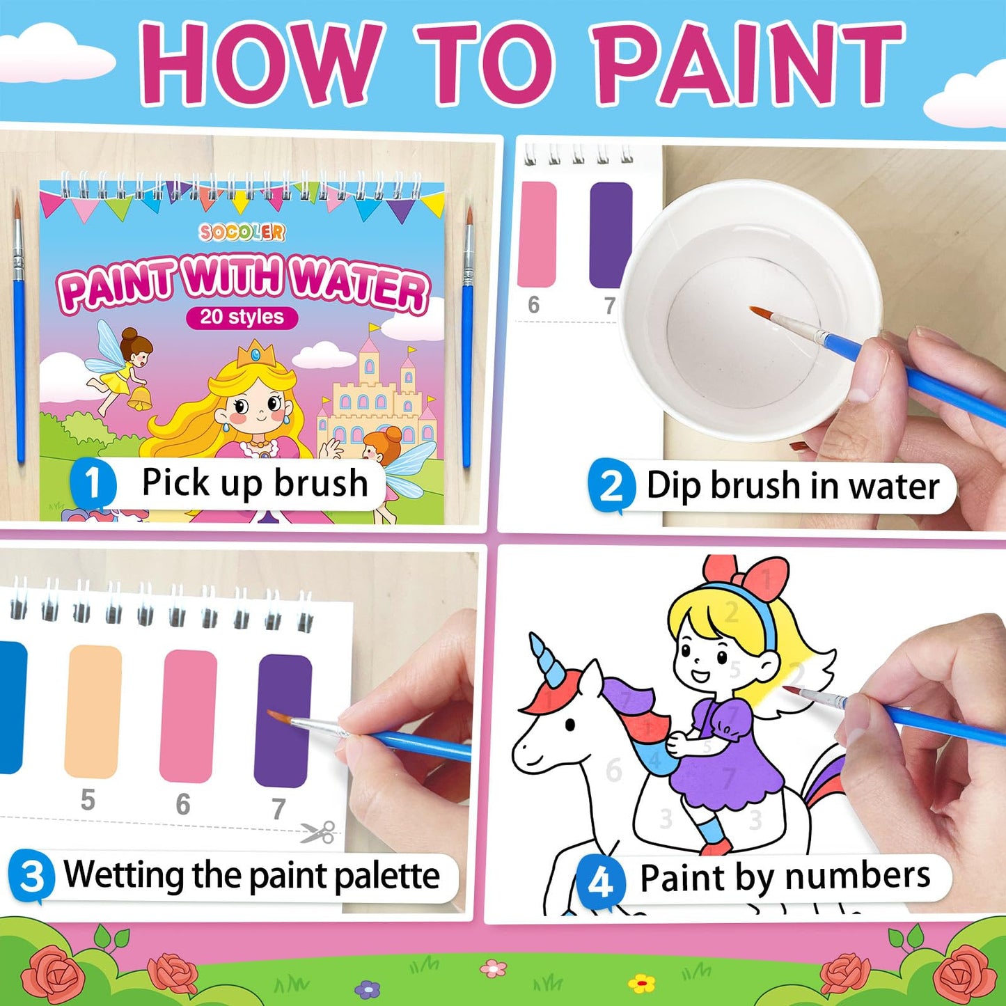 SOCOLER Paint with Water Coloring Books – Mess-Free Kids Kit (Princess & Party)