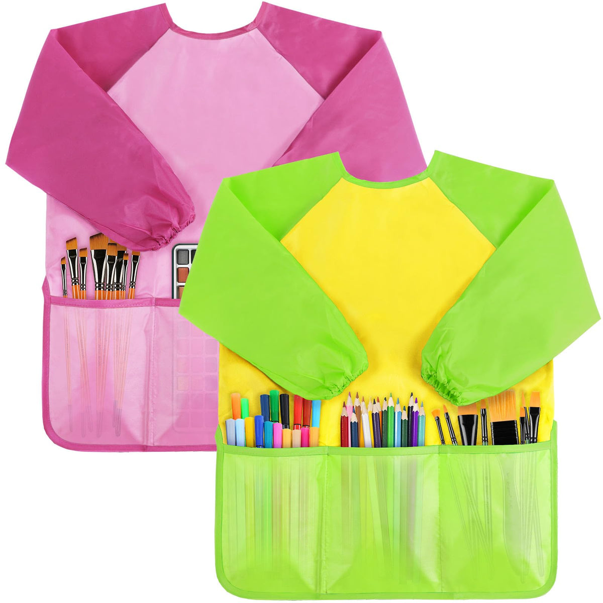SOCOLER 2 Pack Kids Painting Apron — Waterproof Toddler Smock with Long Sleeves & 3 Pockets (Ages 3–6)