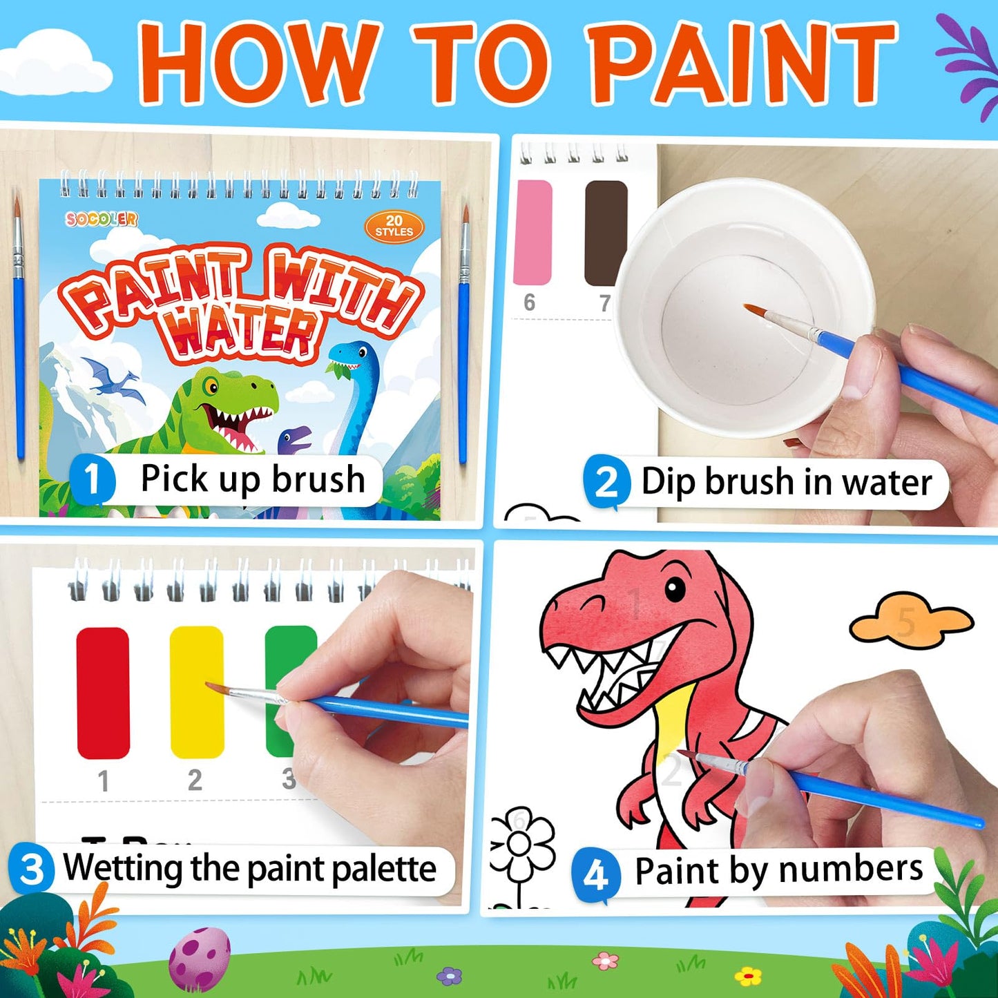 SOCOLER Paint with Water Coloring Book for Toddlers – Dinosaurs Theme, Mess-Free Watercolor Kit