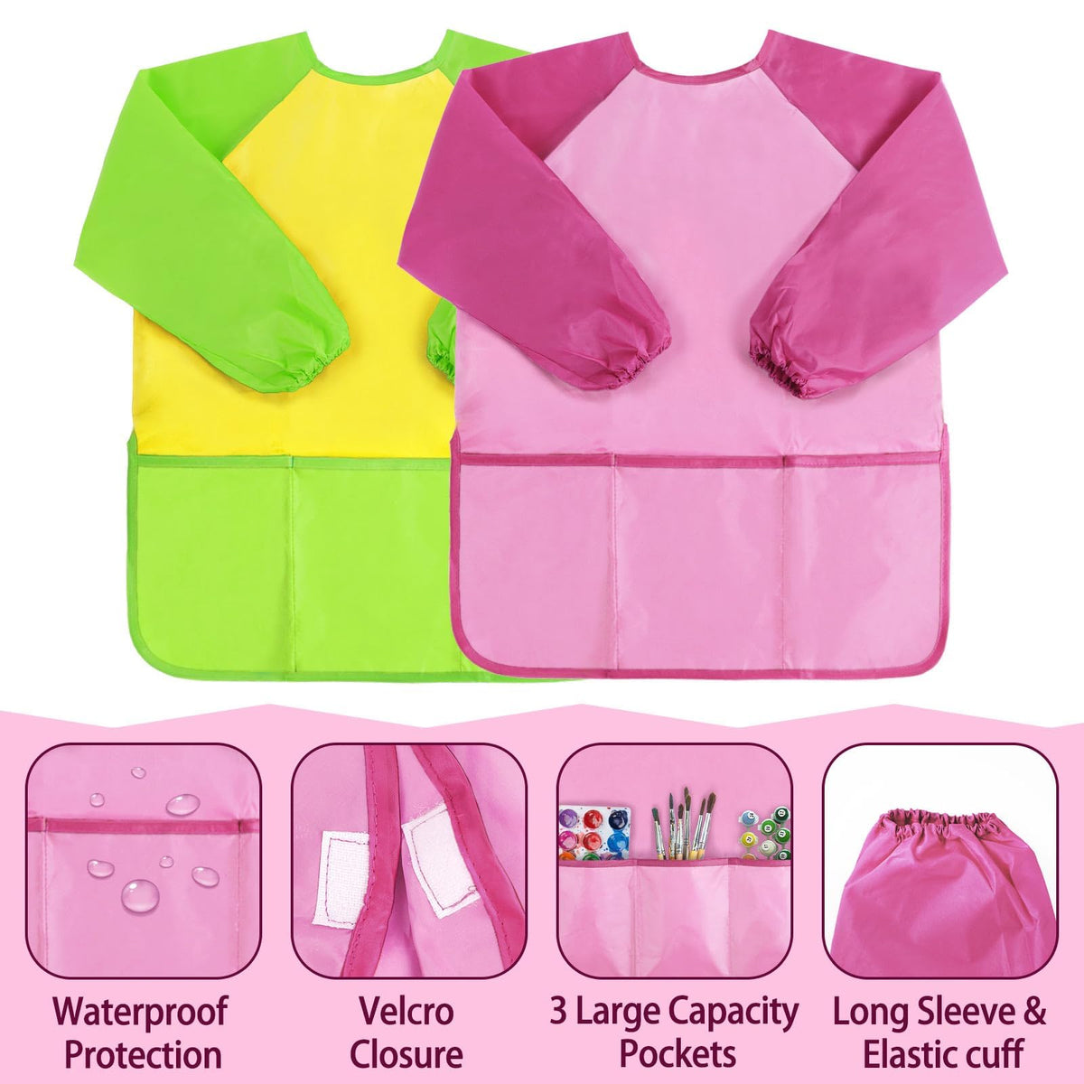 SOCOLER 2 Pack Kids Painting Apron — Waterproof Toddler Smock with Long Sleeves & 3 Pockets (Ages 3–6)