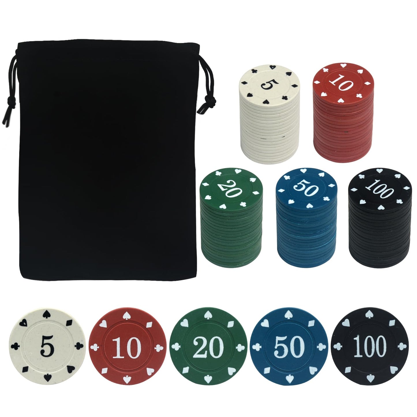 SODFAS 100PCS Poker Chip Set – 5-Color Casino-Style Chips with Portable Bag for Texas Hold'em & Poker Nights (Large Denomination)