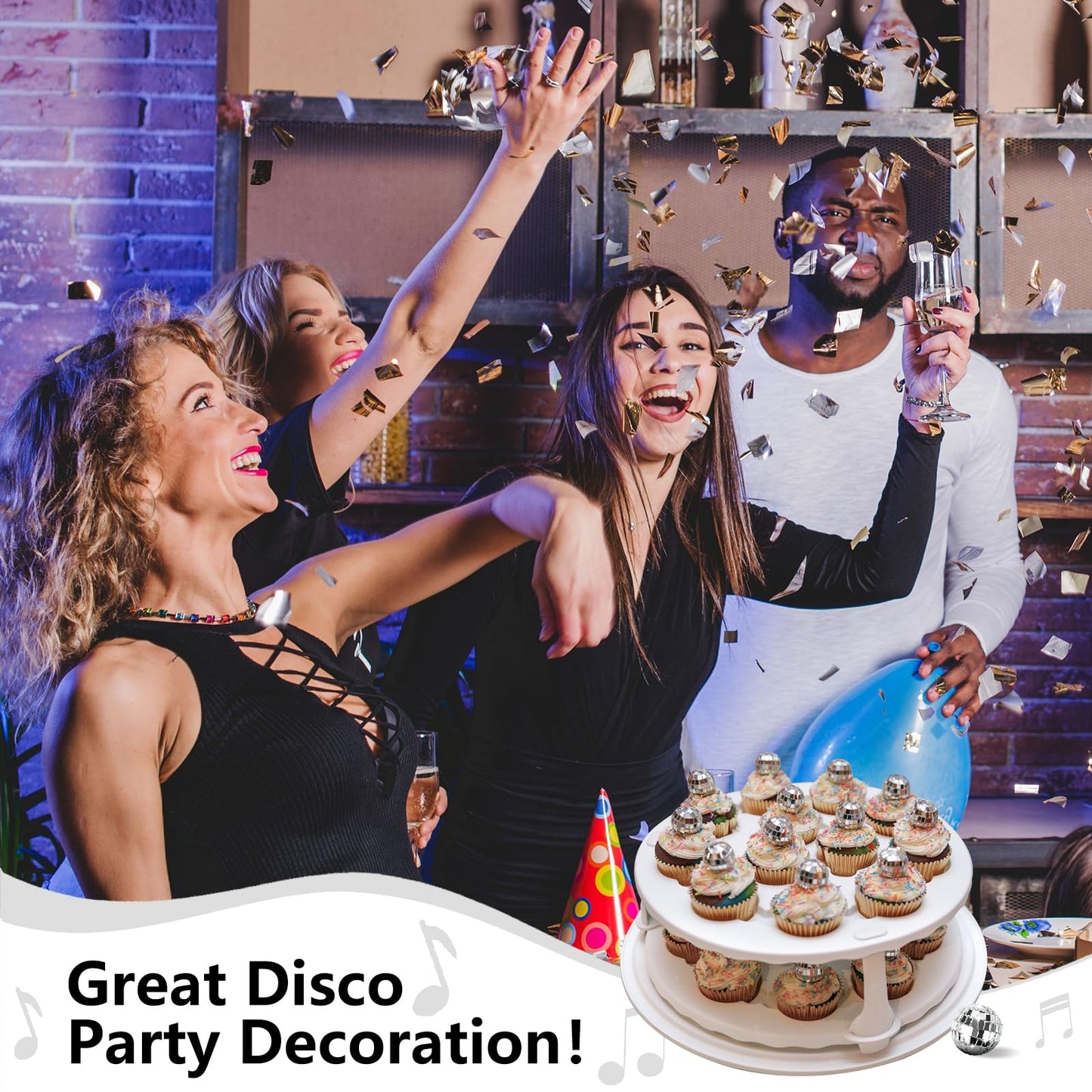 Soelomu 24 Pcs Disco Ball Cupcake Toppers – Mini Cake Picks (1970s Disco Theme)