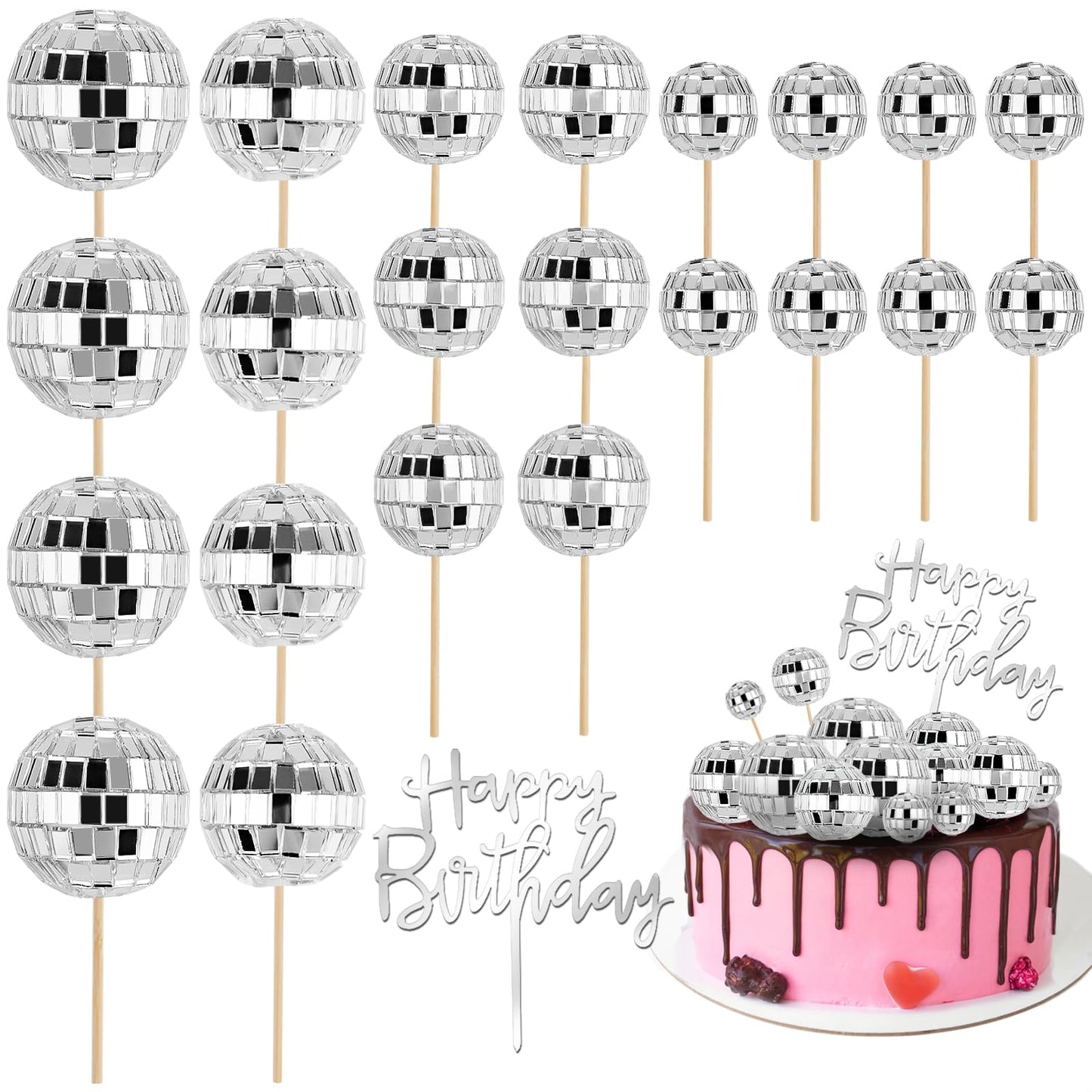 Soelomu 23 Pcs Disco Ball Cake Toppers – 1970s Disco Theme Party Decorations