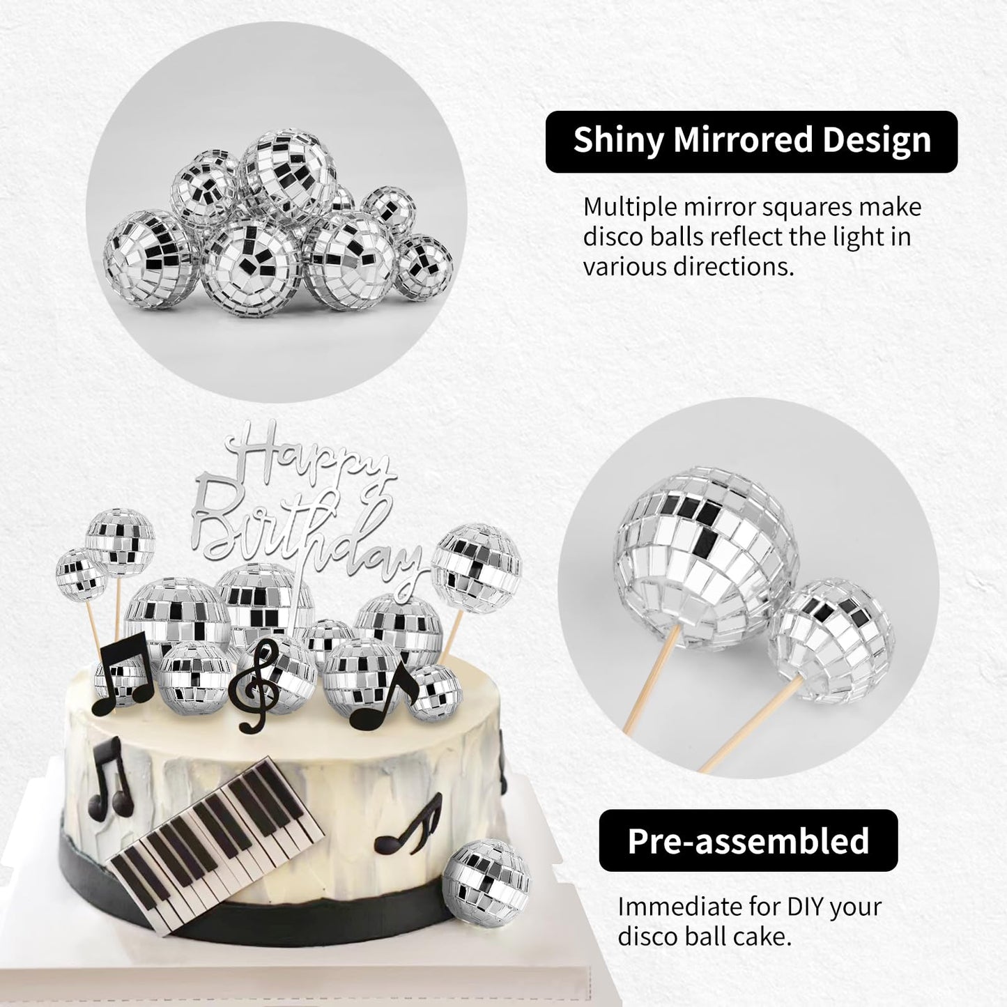 Soelomu 23 Pcs Disco Ball Cake Toppers – 1970s Disco Theme Party Decorations