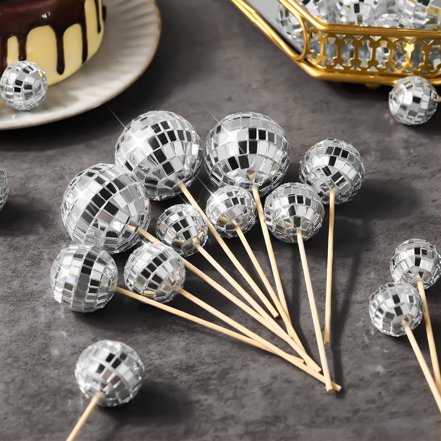 Soelomu 23 Pcs Disco Ball Cake Toppers – 1970s Disco Theme Party Decorations
