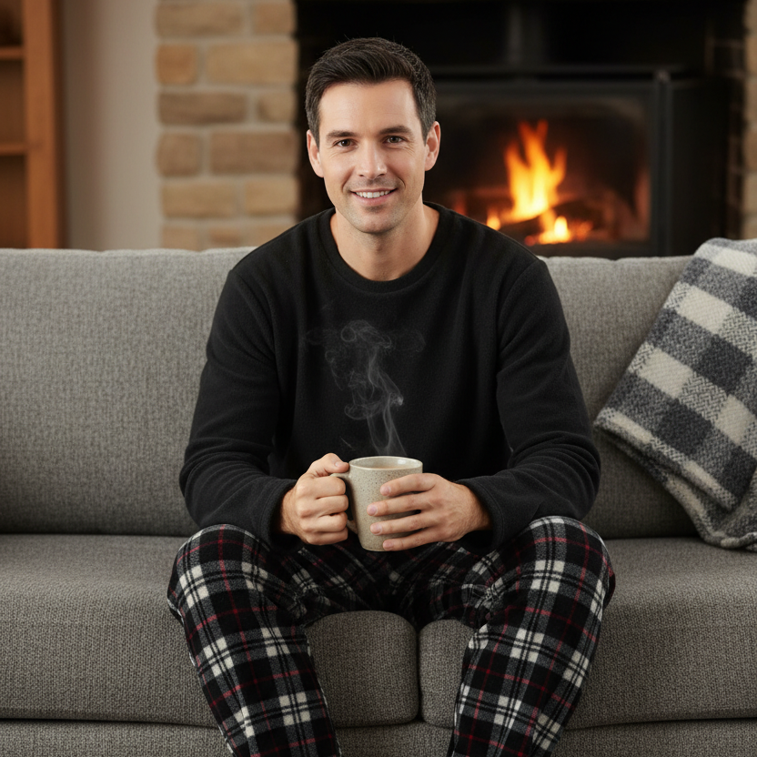 Cozy Up with Our Men's Thermal Fleece Pyjama Set - Stylish Black & Red Long Sleeve Design