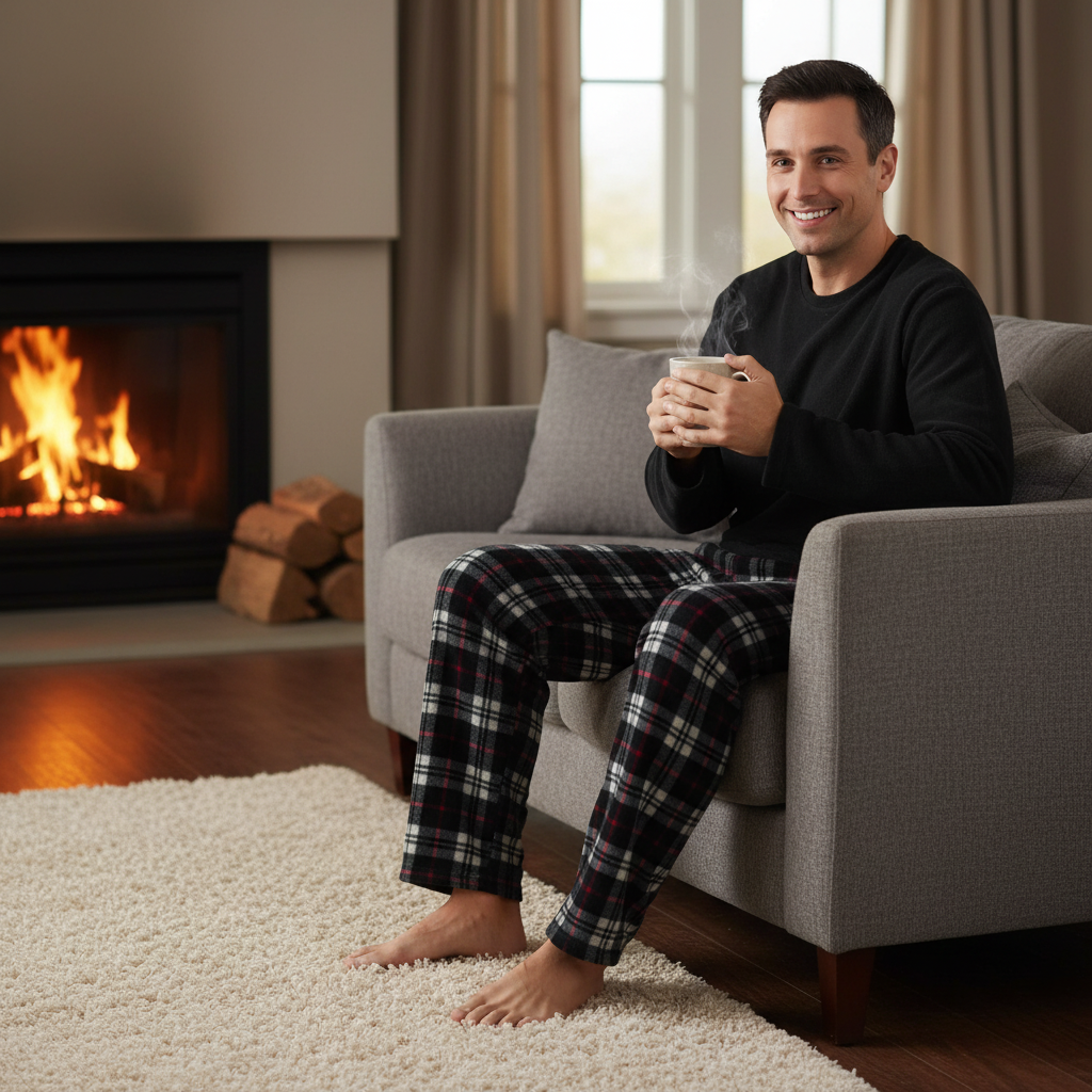Cozy Up with Our Men's Thermal Fleece Pyjama Set - Stylish Black & Red Long Sleeve Design
