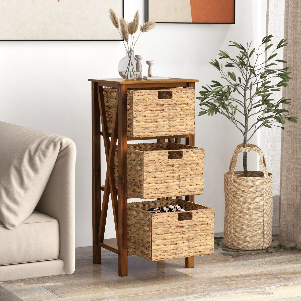 Sofa Side Table with Seagrass Baskets and Rubber Wood X-Shaped Frames and Acacia Wood Legs-Rustic Brown-2-Tier
