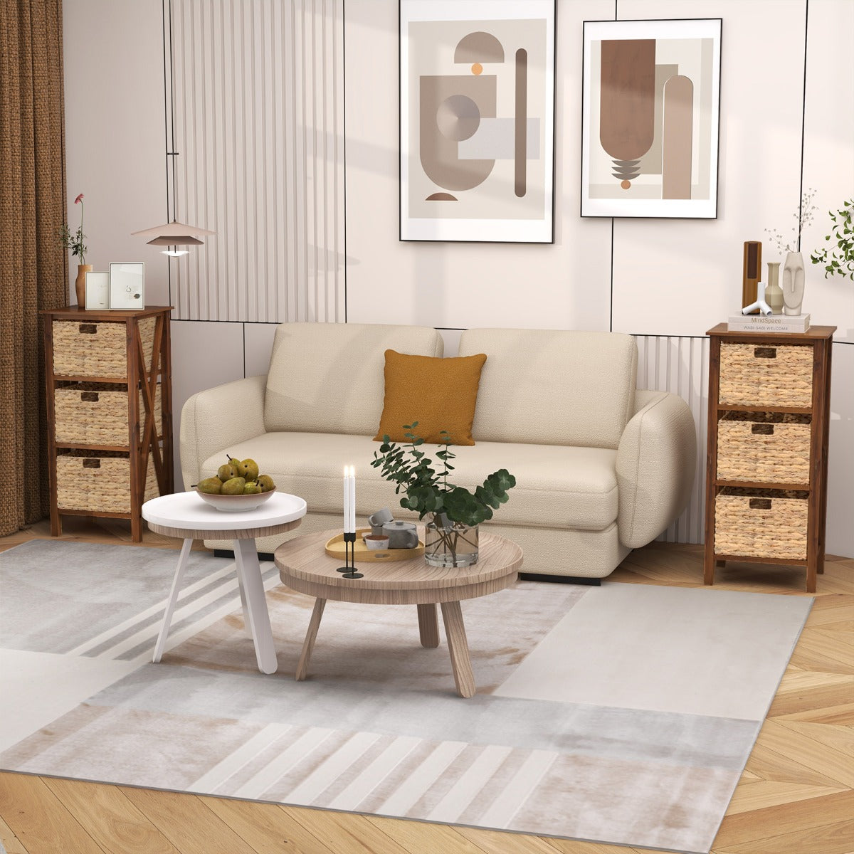Sofa Side Table with Seagrass Baskets and Rubber Wood X-Shaped Frames and Acacia Wood Legs-Rustic Brown-2-Tier