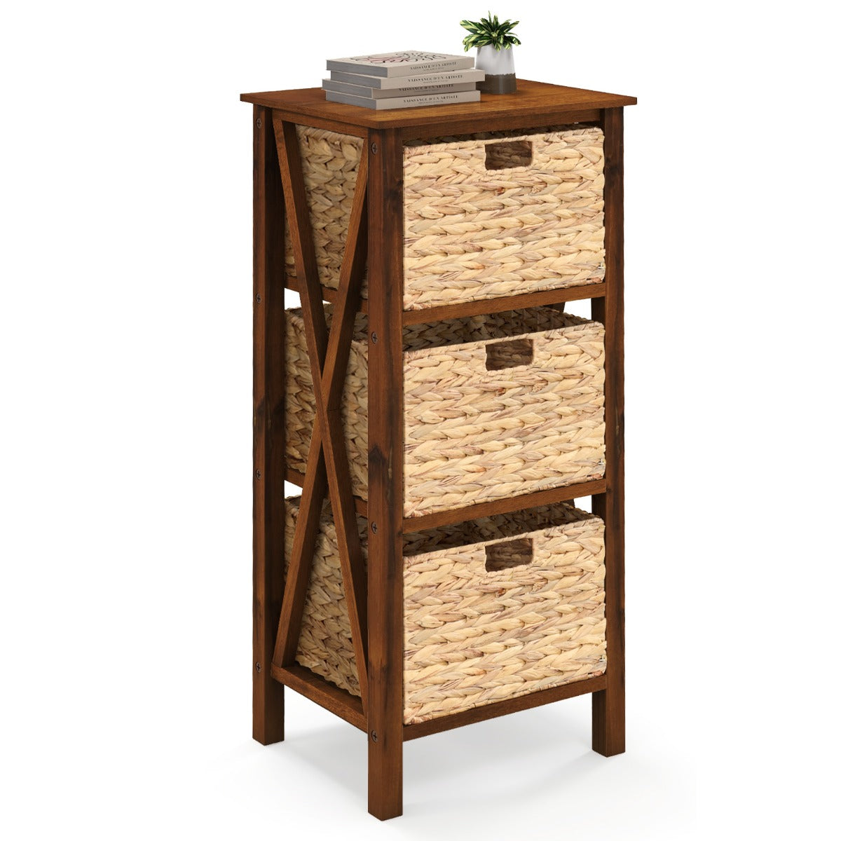 Sofa Side Table with Seagrass Baskets and Rubber Wood X-Shaped Frames and Acacia Wood Legs-Rustic Brown-2-Tier