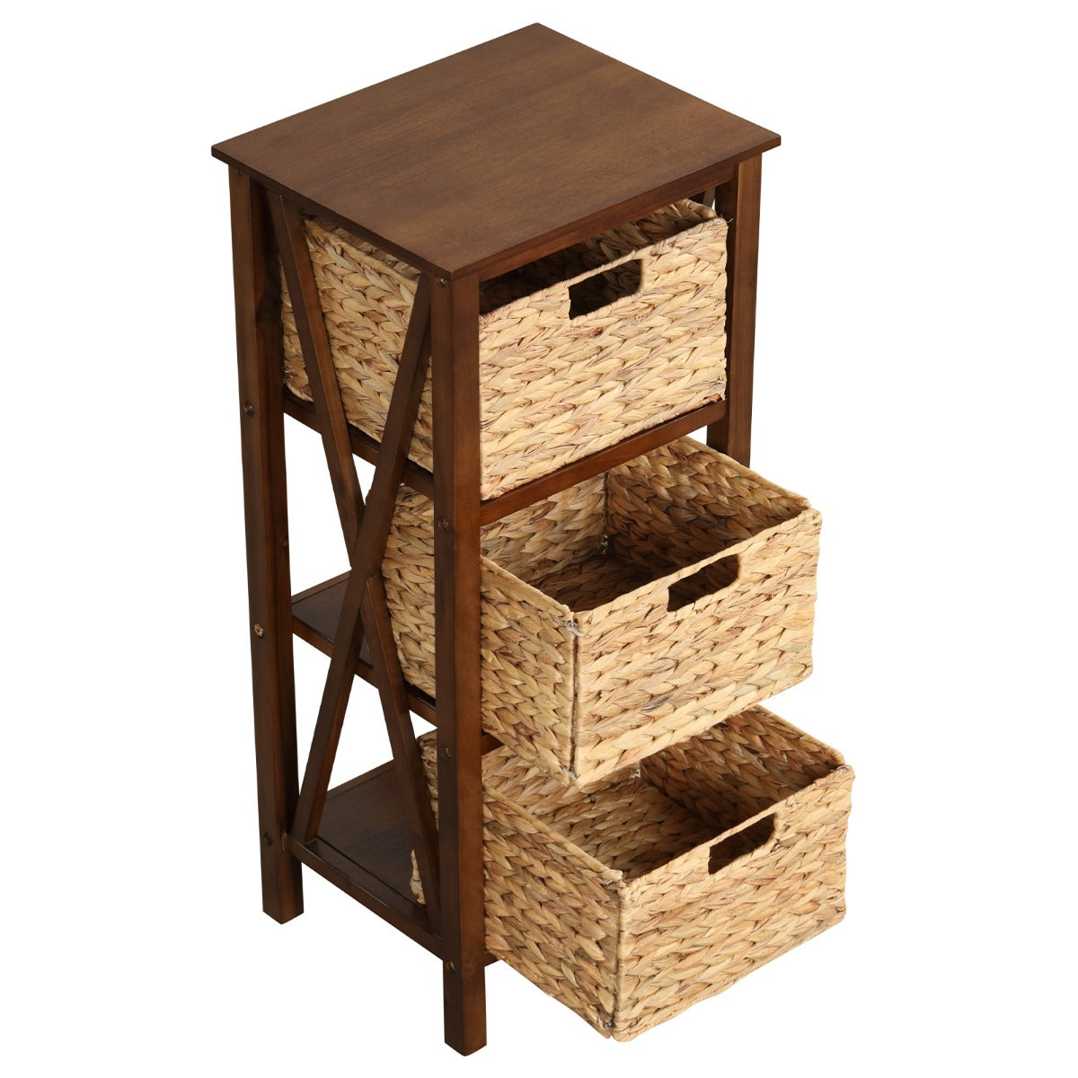 Sofa Side Table with Seagrass Baskets and Rubber Wood X-Shaped Frames and Acacia Wood Legs-Rustic Brown-2-Tier