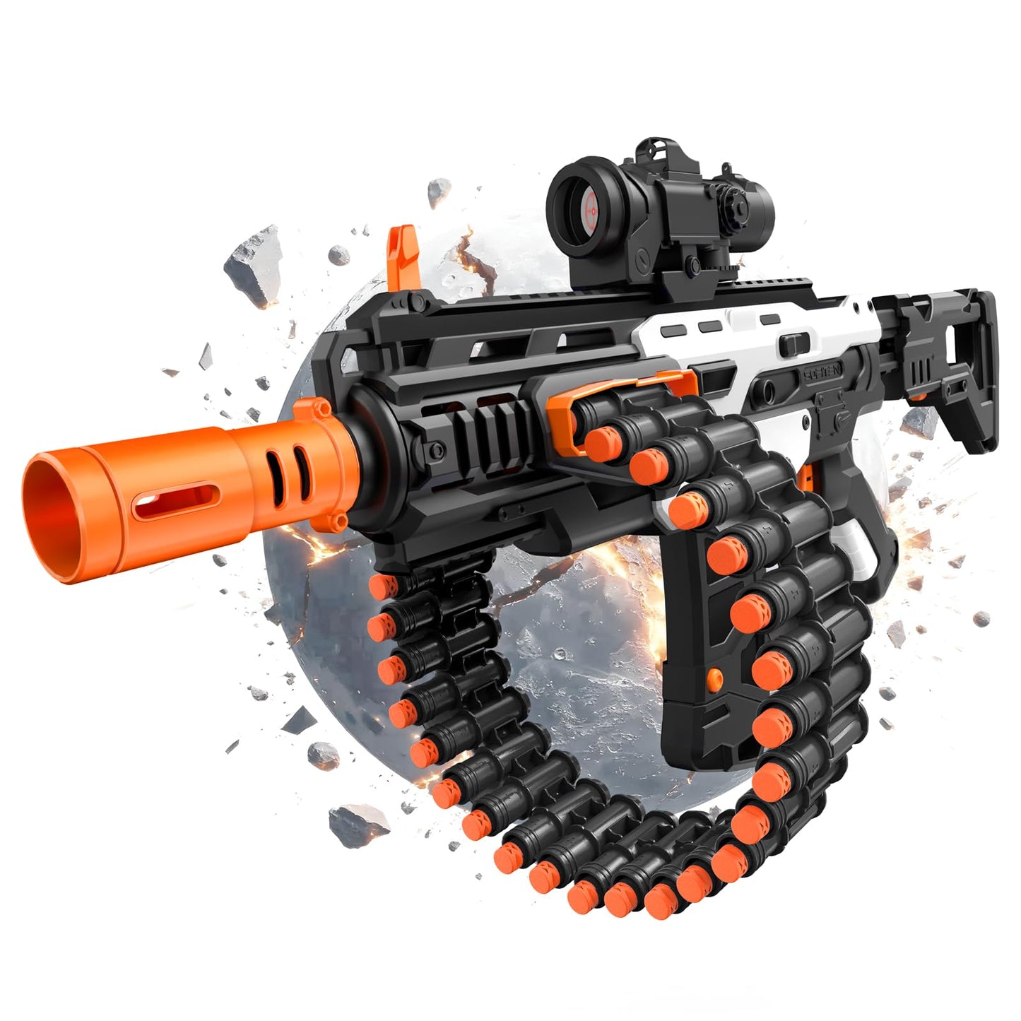 SOFITEN Electric Automatic Toy Gun with Scope – 30-Dart Drum & 100 Foam Darts