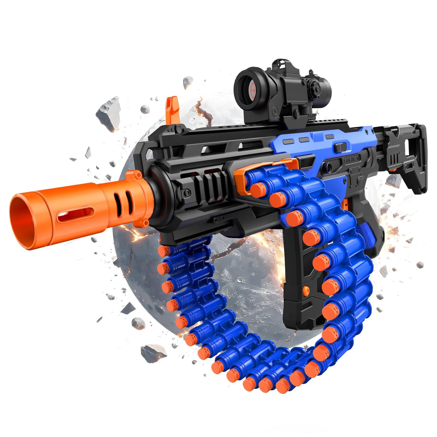 SOFITEN Electric Automatic Toy Gun with Scope – 30-Dart Drum & 100 Foam Darts