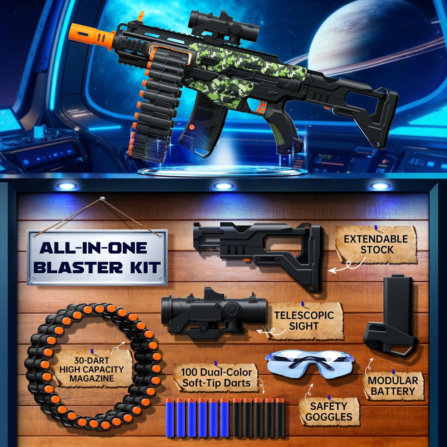 SOFITEN Electric Automatic Toy Gun with Scope – 30-Dart Drum & 100 Foam Darts