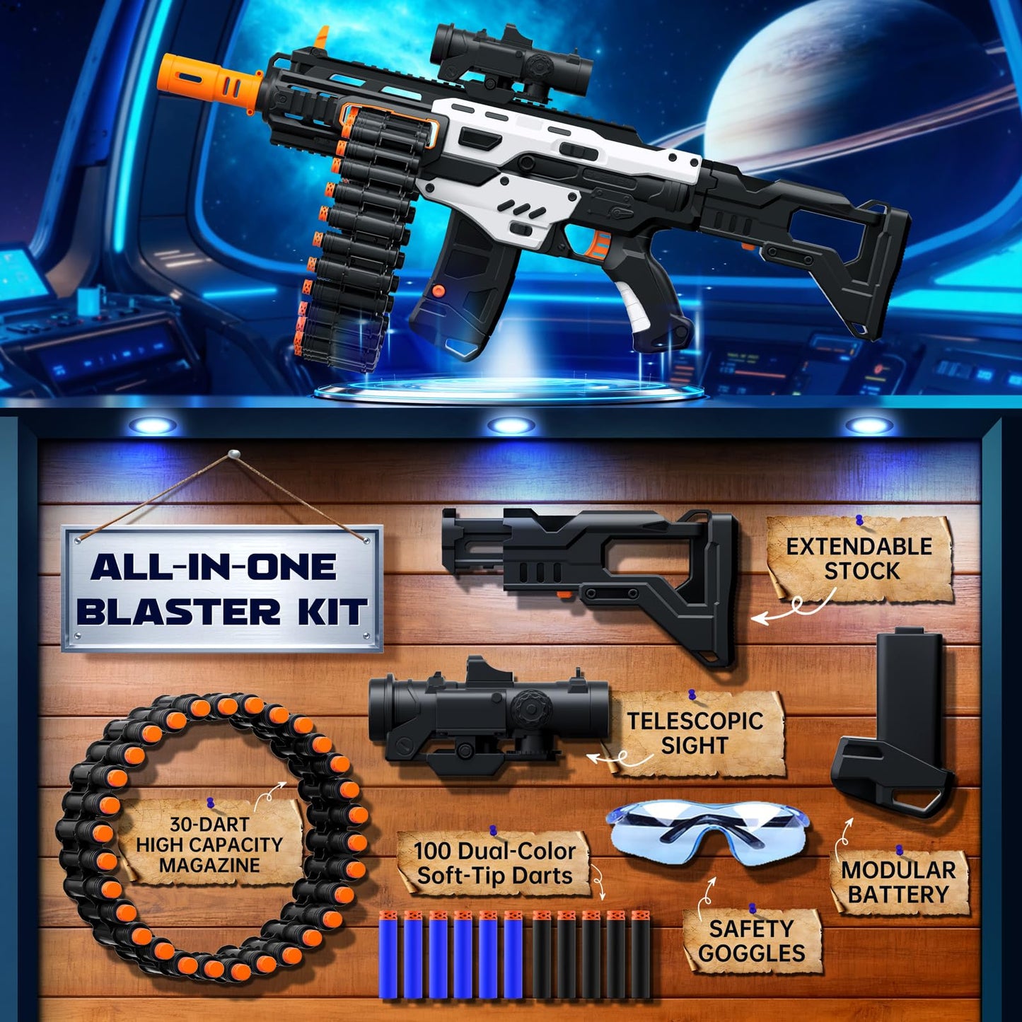 SOFITEN Electric Automatic Toy Gun with Scope – 30-Dart Drum & 100 Foam Darts