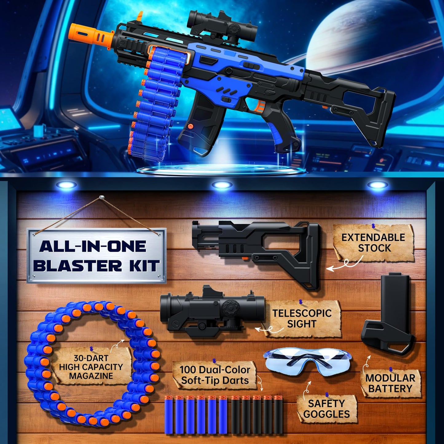 SOFITEN Electric Automatic Toy Gun with Scope – 30-Dart Drum & 100 Foam Darts