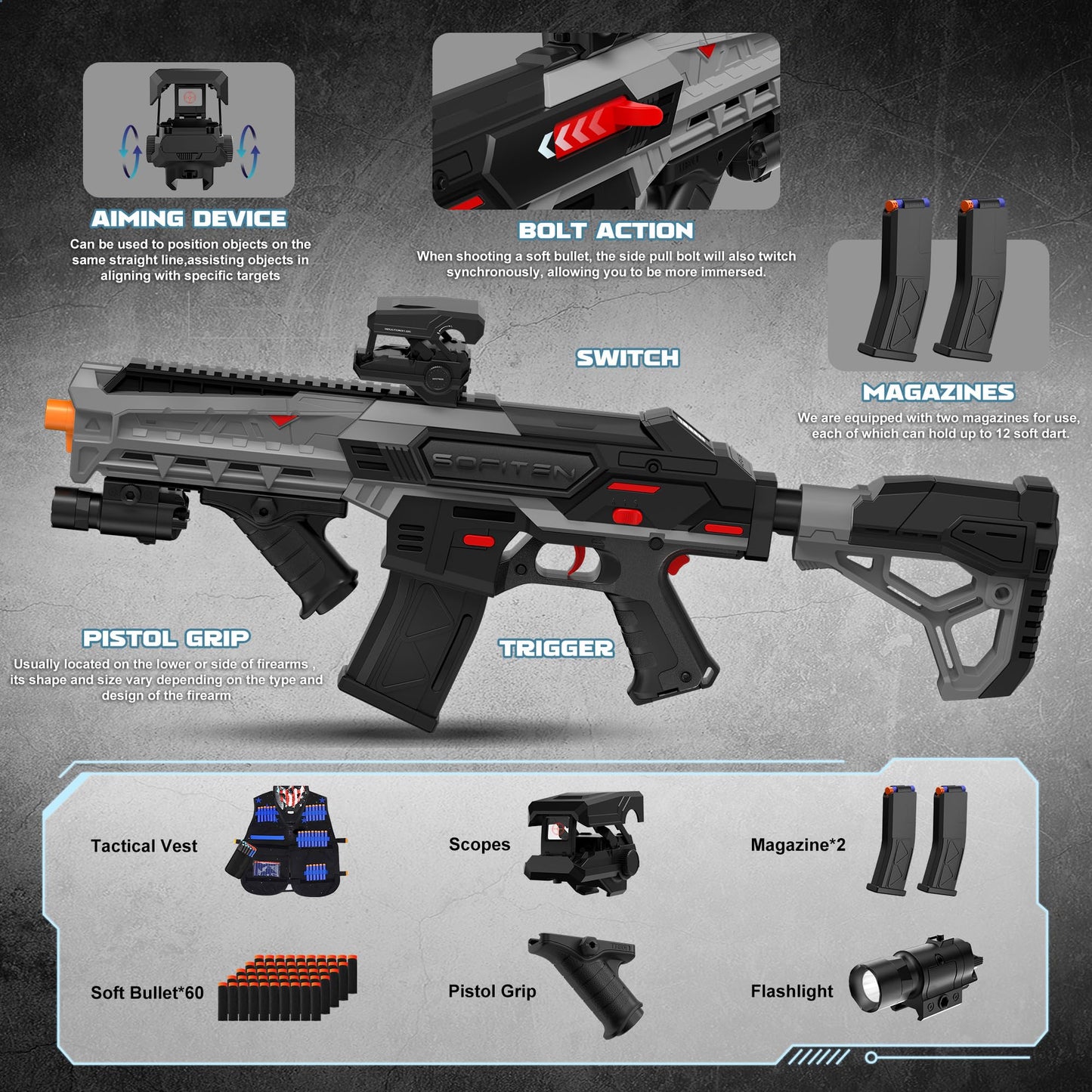 SOFITEN Electric Toy Gun with Adjustable Scope – 3-in-1 Gearbox & LCD Power Display