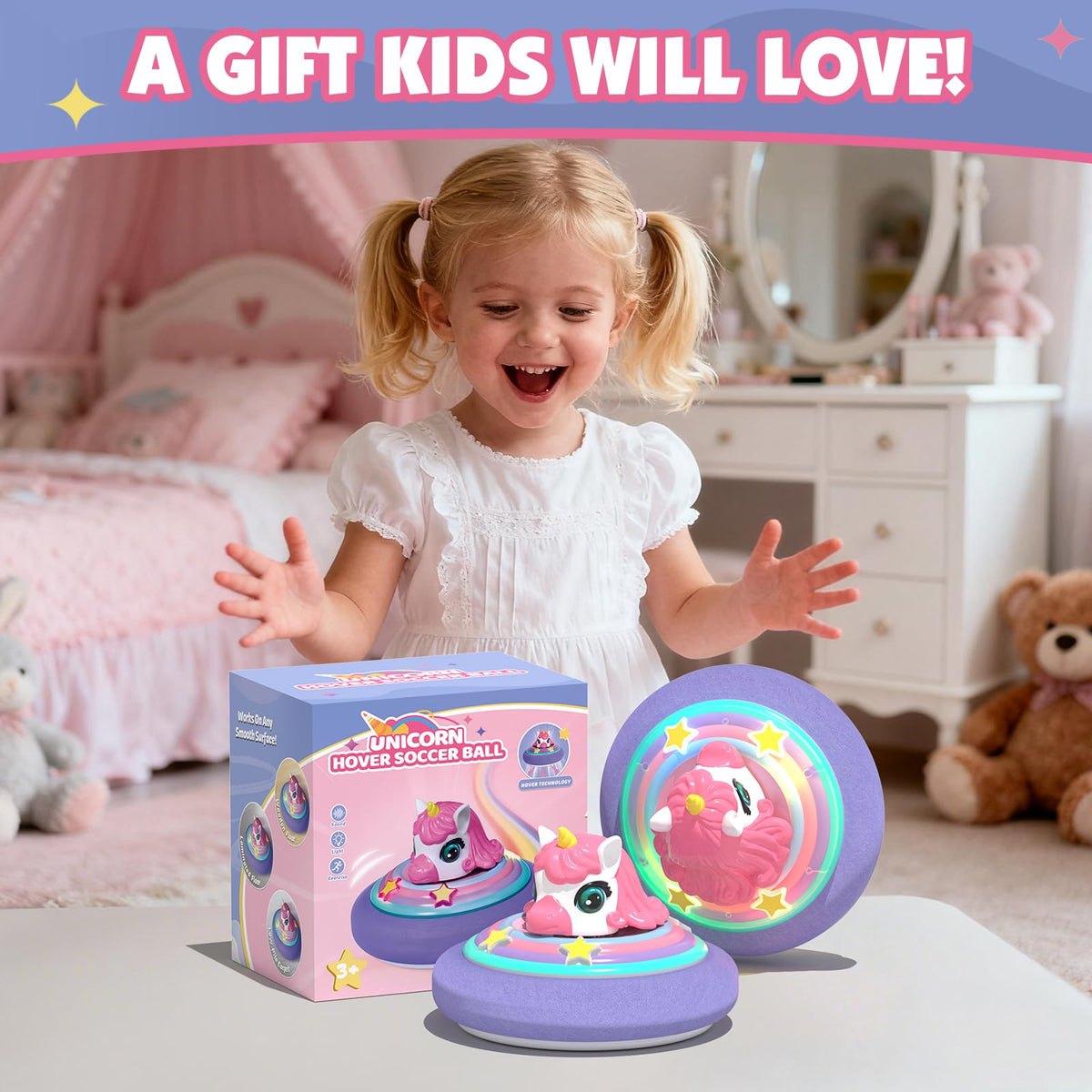 SOGAWEBB Hover Soccer Ball for Kids – Unicorn Lights & Music for Indoor Fun (Ages 4–12)