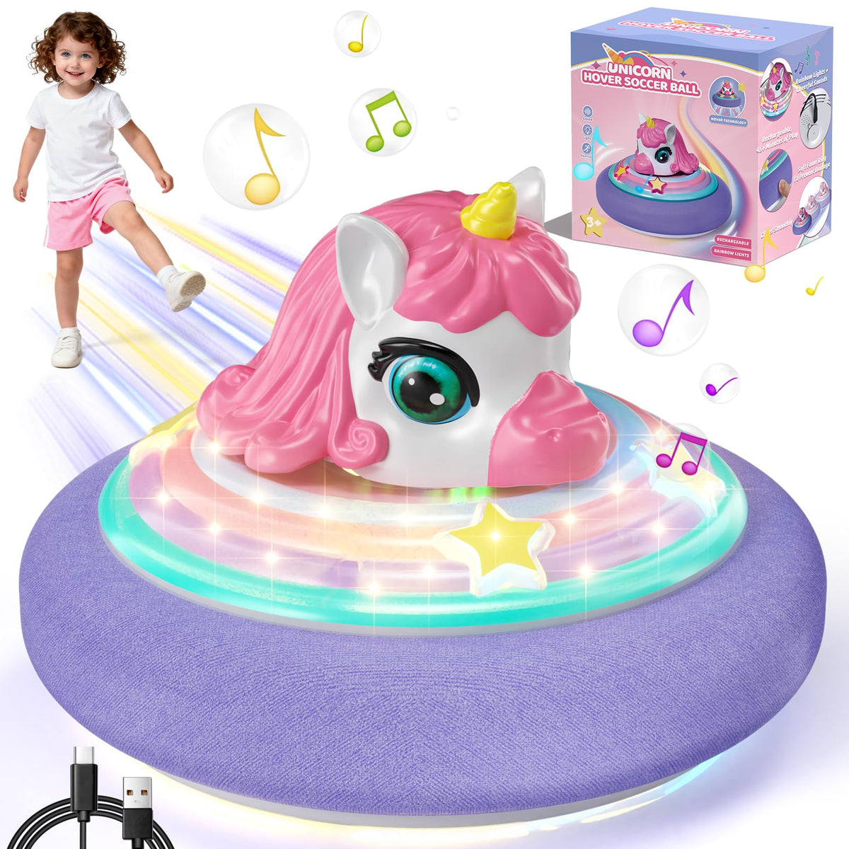 SOGAWEBB Hover Soccer Ball for Kids – Unicorn Lights & Music for Indoor Fun (Ages 4–12)