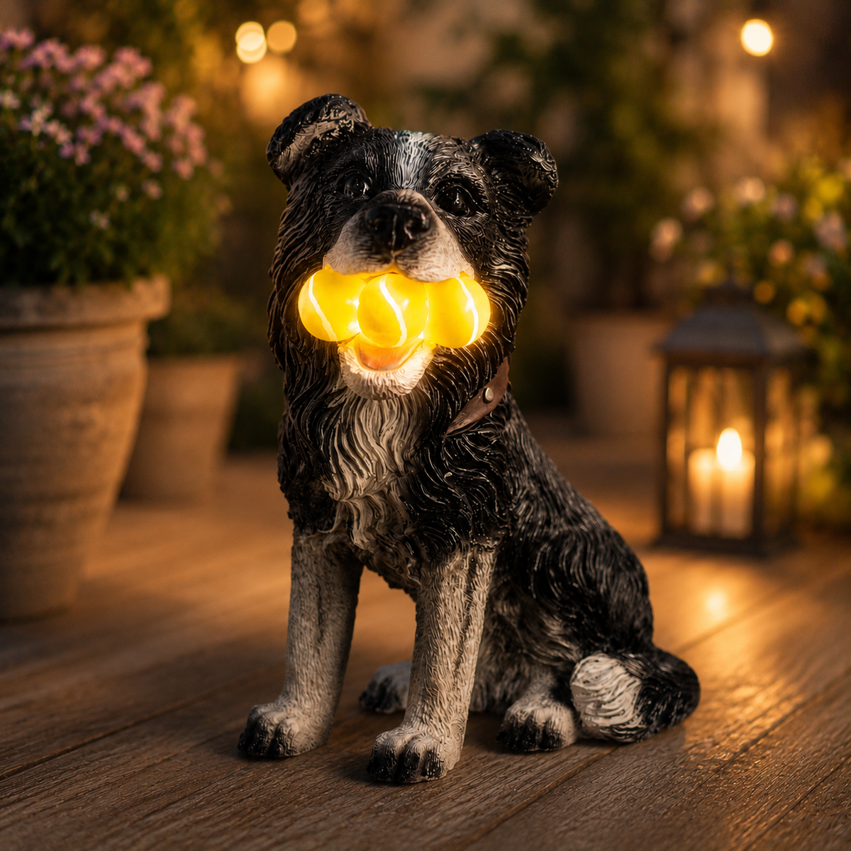 Solar Dog Garden Ornament with Light Up Tennis Balls 31cm