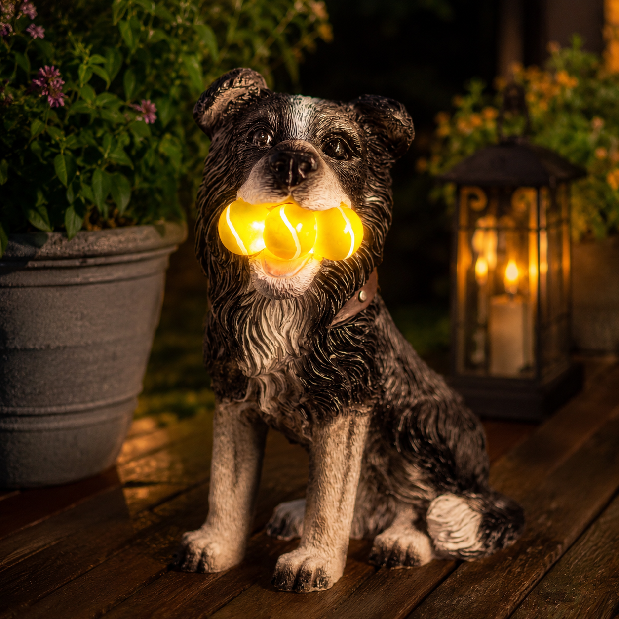 Solar Dog Garden Ornament with Light Up Tennis Balls 31cm