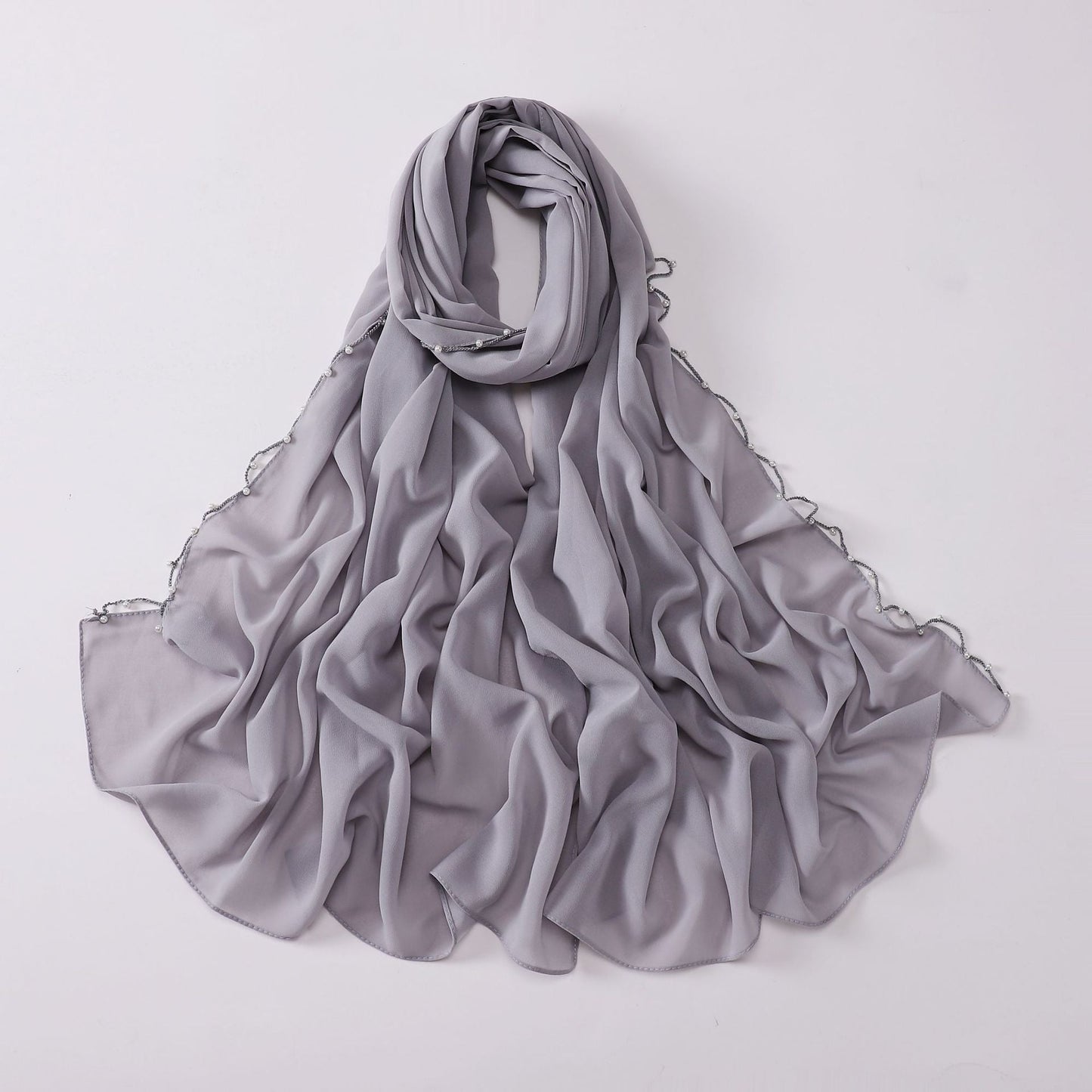 Solid Colour Pearl Chiffon Scarf,  Wavy Edge Beaded Scarf, Ethnic Scarf