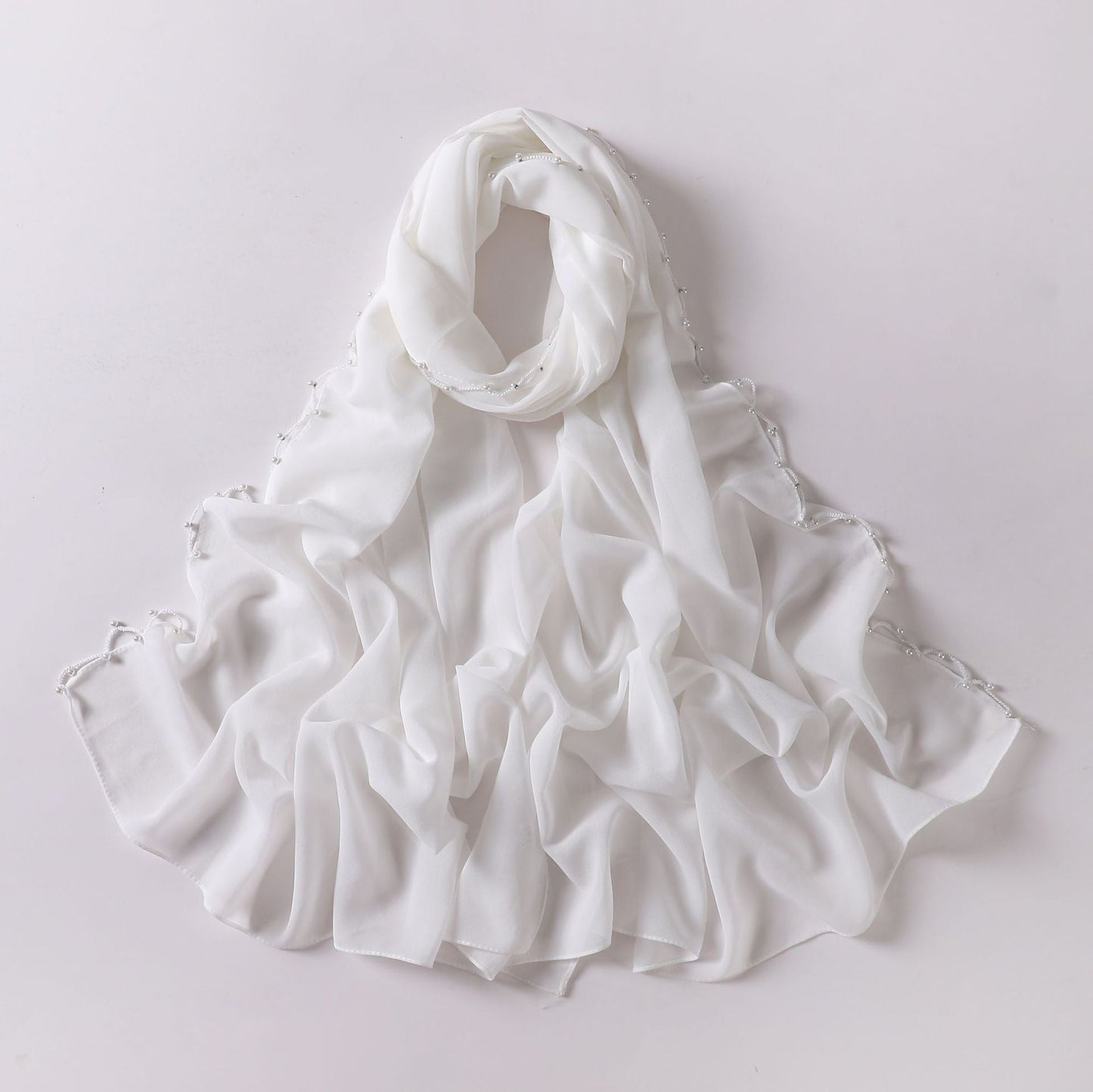 Solid Colour Pearl Chiffon Scarf,  Wavy Edge Beaded Scarf, Ethnic Scarf