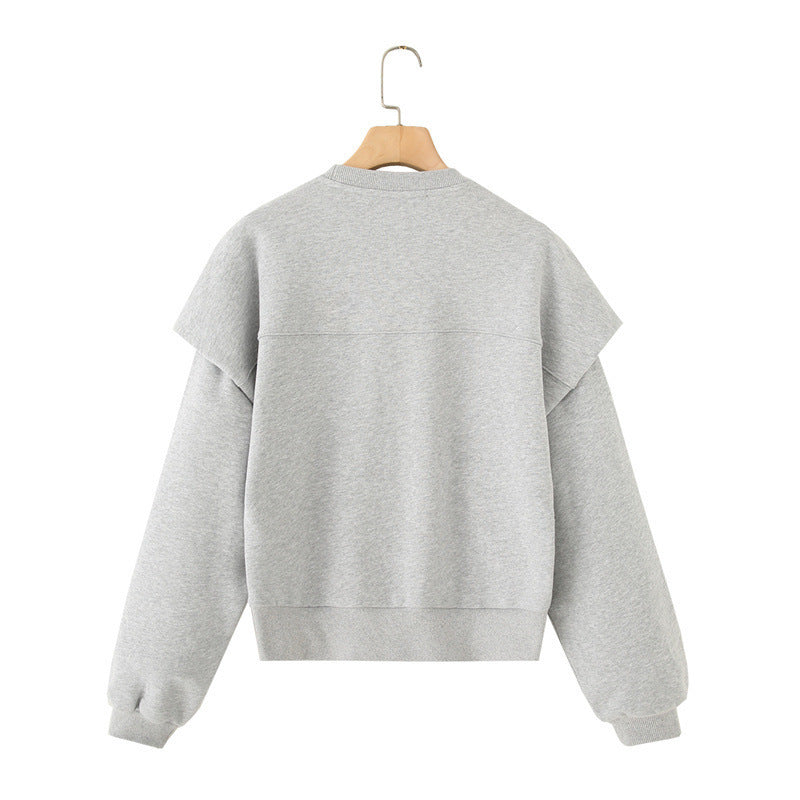 Solid Colour Pleated Thick Round Neck Sweater, Long Sleeve Spring Sweatshirt