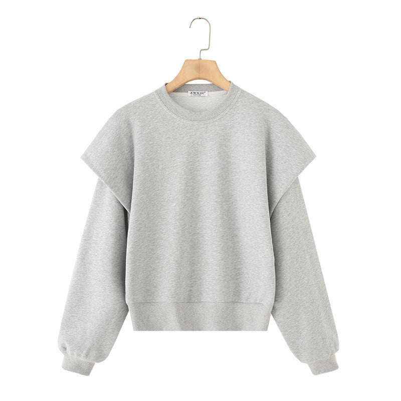 Solid Colour Pleated Thick Round Neck Sweater, Long Sleeve Spring Sweatshirt