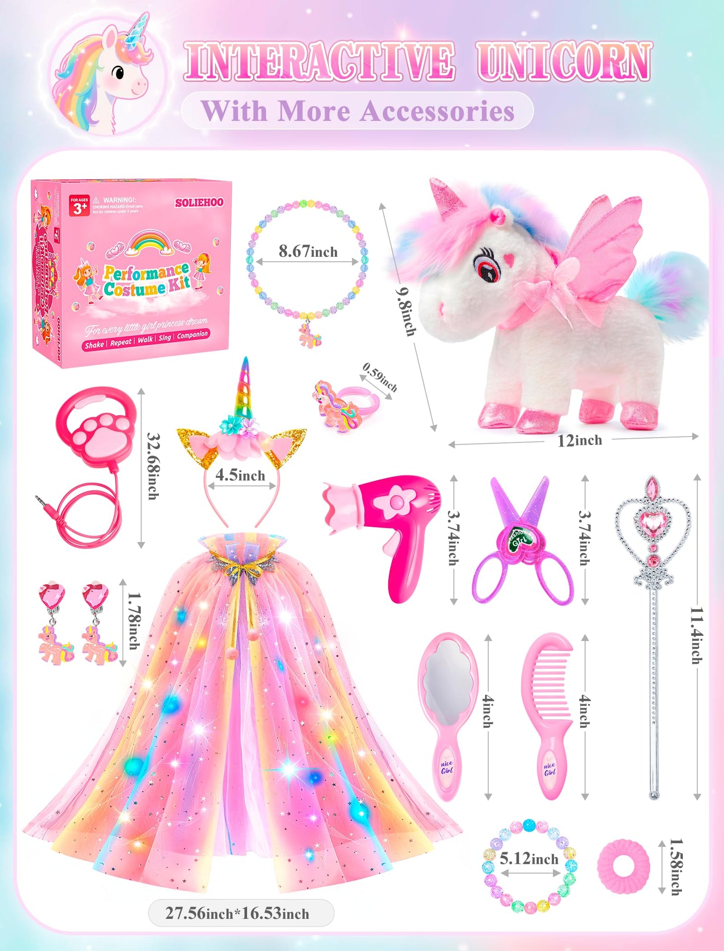 SOLIEHOO Unicorn Toys for Girls 3-6 | Walking, Talking, Singing Interactive Plush with Light-Up Cape