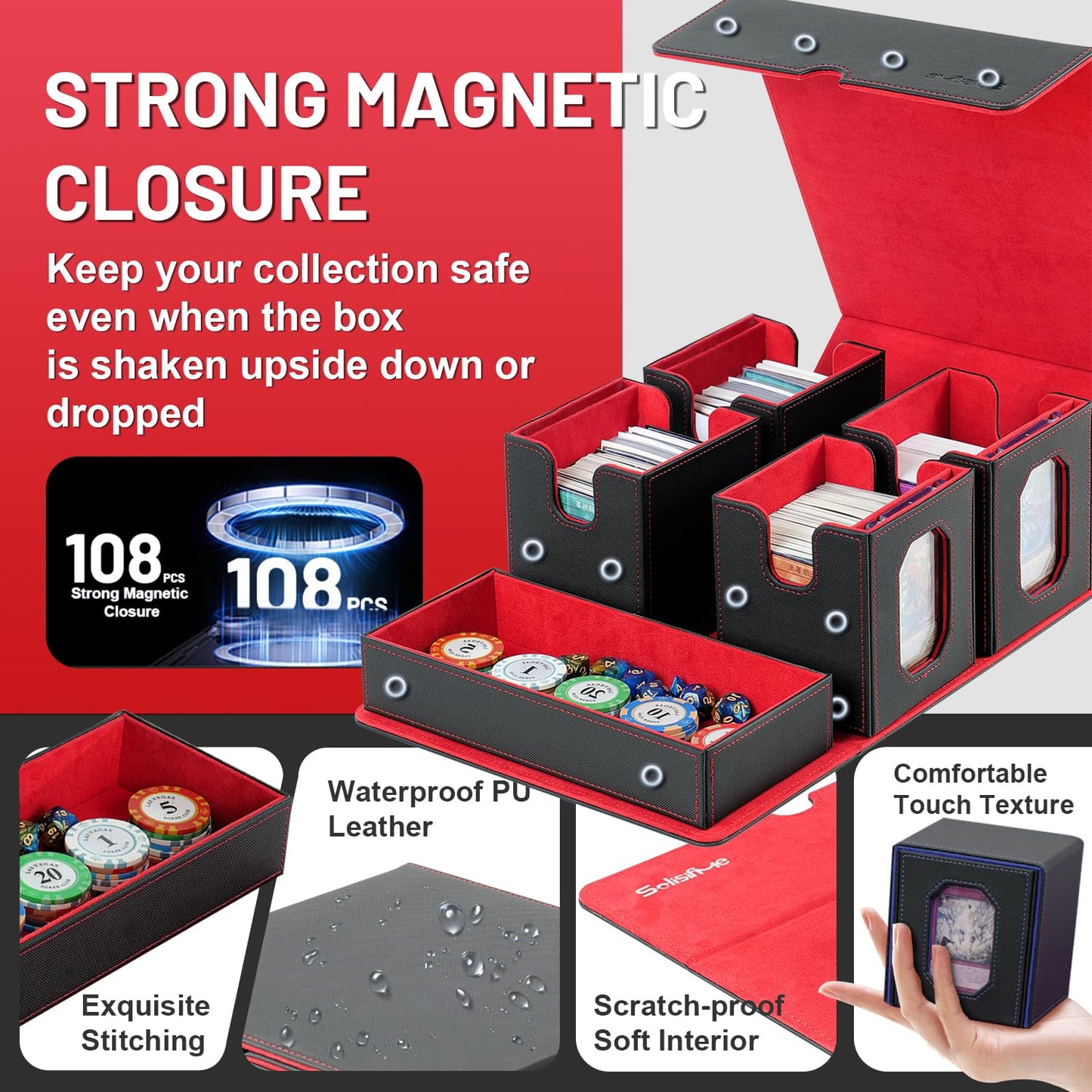 Solisifime Trading Card Storage Box with Commander Display — 5-in-1 Deck Box, Holds 400+ Double-Sleeved Cards