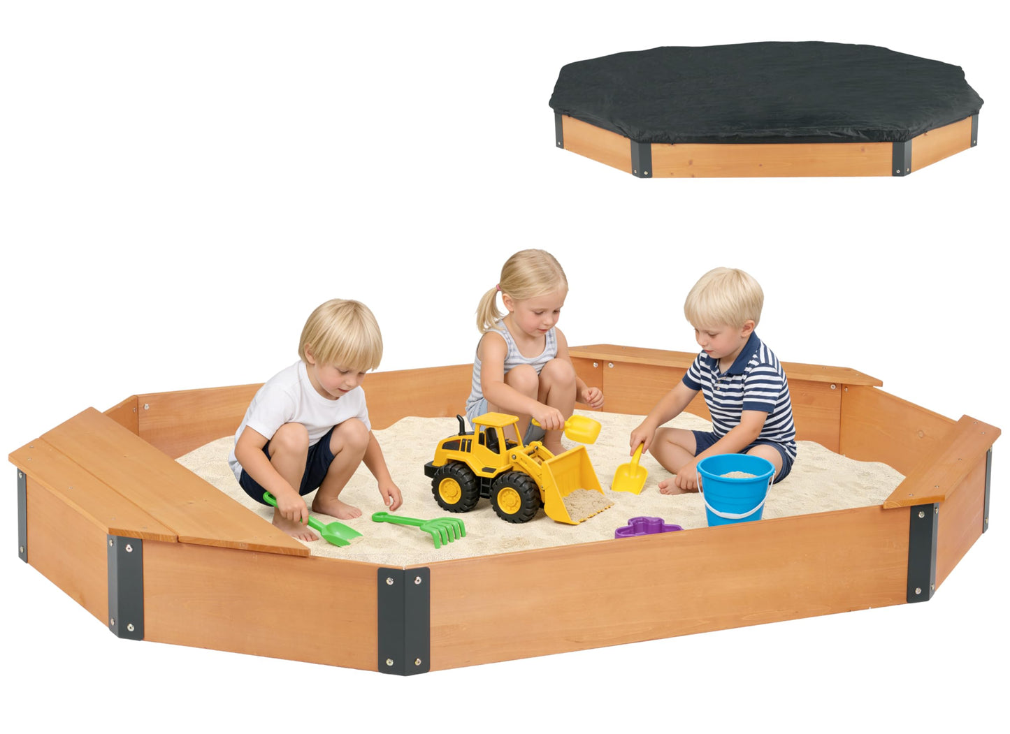 SoliWood 75.5-Inch Octagon Sandbox with Cover, Storage & 3 Benches — Easy Assembly