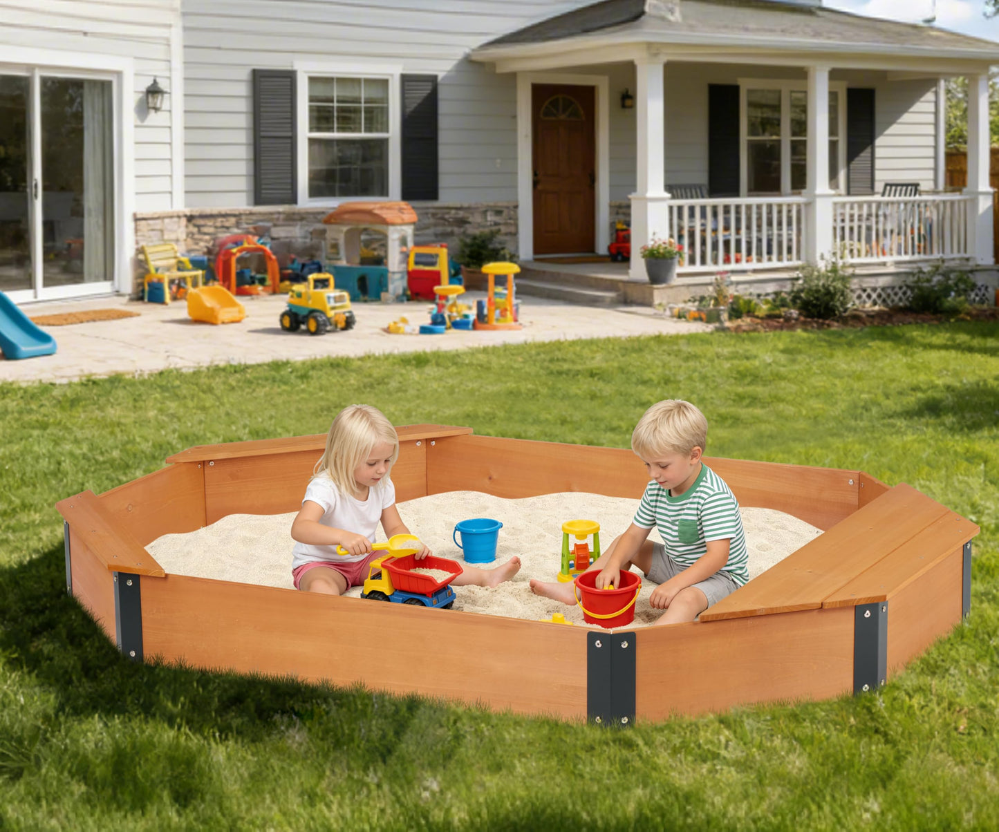 SoliWood 75.5-Inch Octagon Sandbox with Cover, Storage & 3 Benches — Easy Assembly