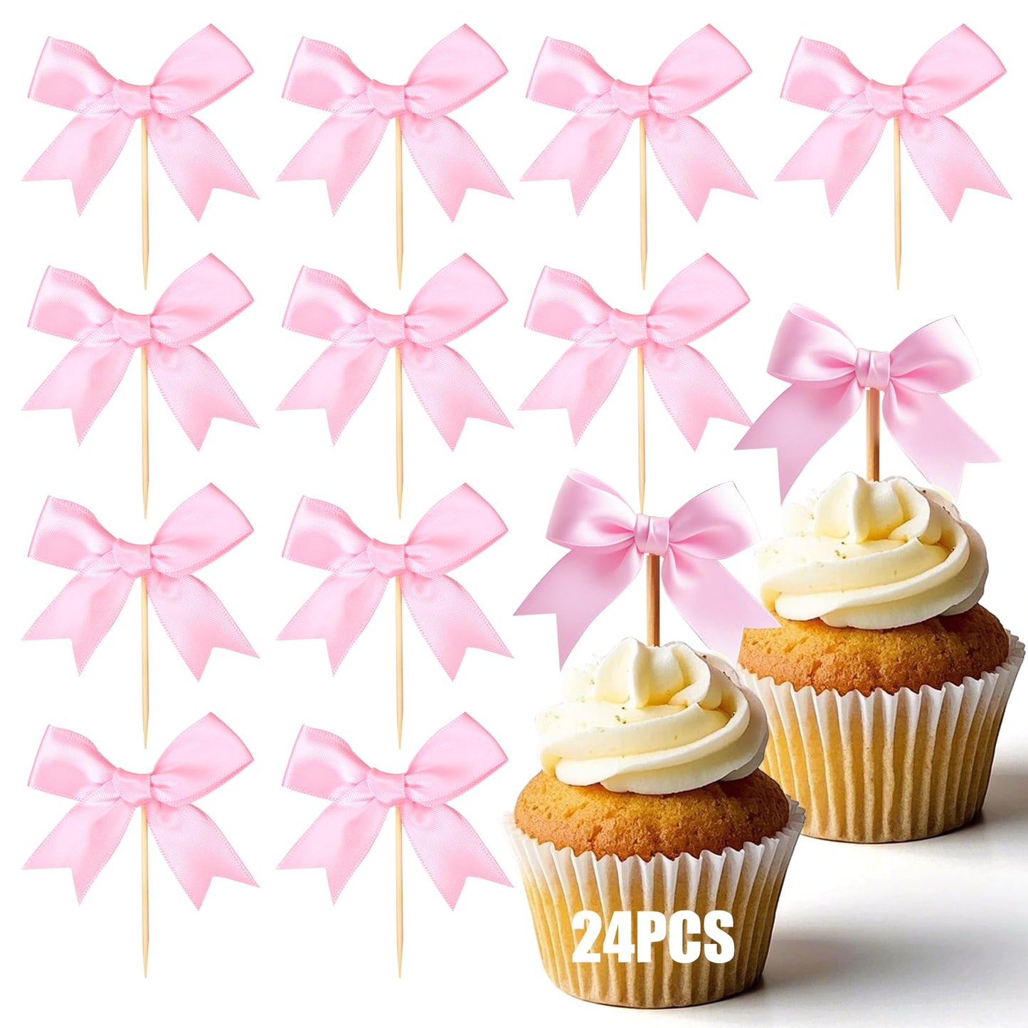 Solldgt 24Pcs Pink Bow Cupcake Toppers – Elegant Bowknot Picks for Celebrations