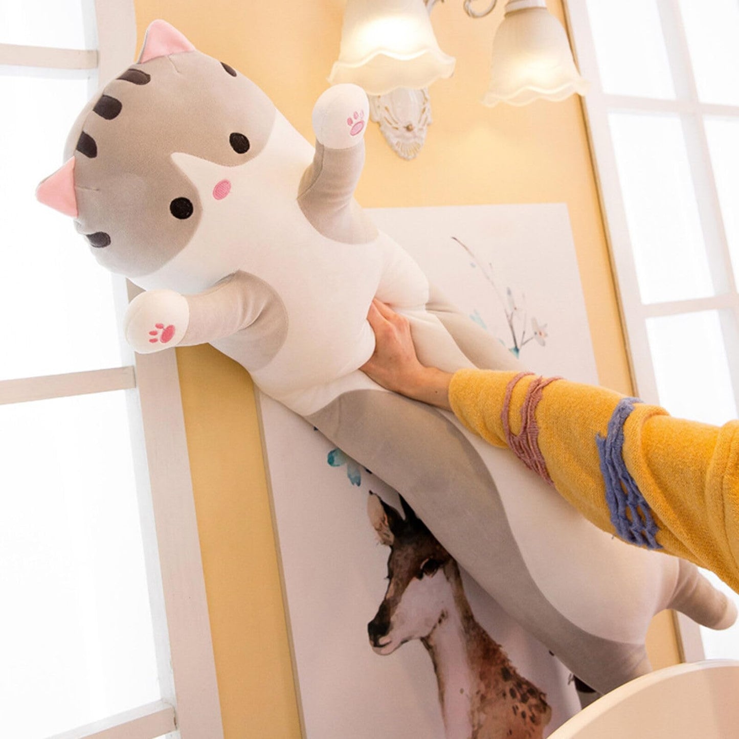 Somao Long Cat Pillow 90cm Gray — Plush Cat Hugging Pillow for Sleep & Kids