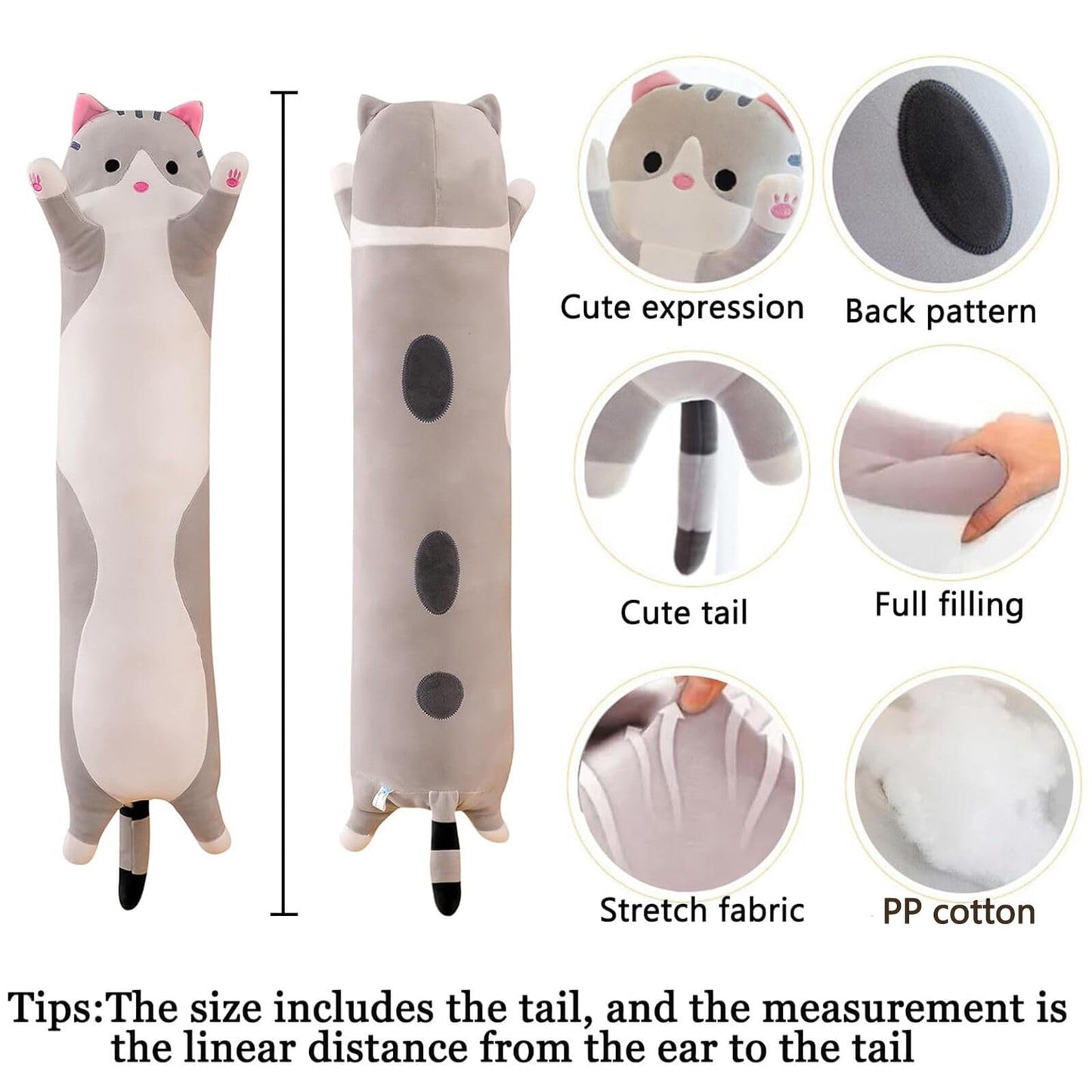 Somao Long Cat Pillow 90cm Gray — Plush Cat Hugging Pillow for Sleep & Kids