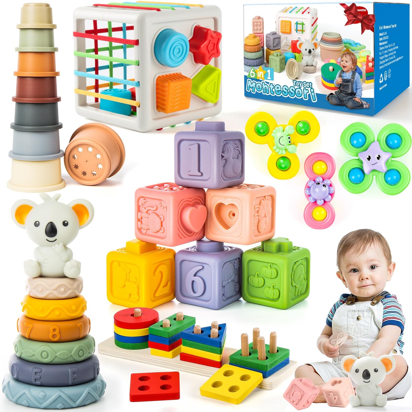 Somastung 6-in-1 Baby Toys for 6-12 Months | Montessori Sensory Set with Teething & Stacking Blocks
