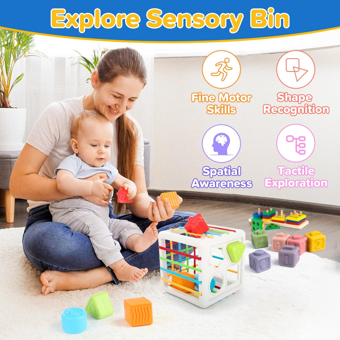 Somastung 6-in-1 Baby Toys for 6-12 Months | Montessori Sensory Set with Teething & Stacking Blocks