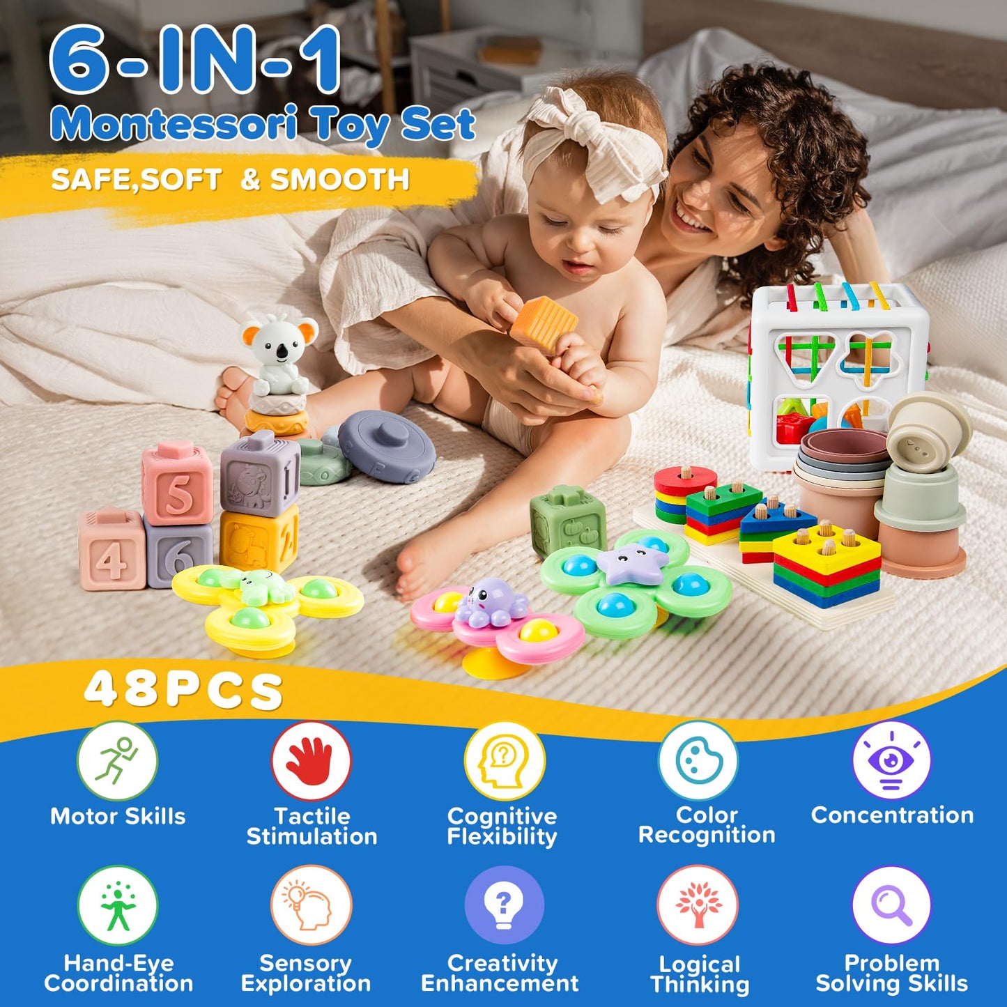 Somastung 6-in-1 Baby Toys for 6-12 Months | Montessori Sensory Set with Teething & Stacking Blocks
