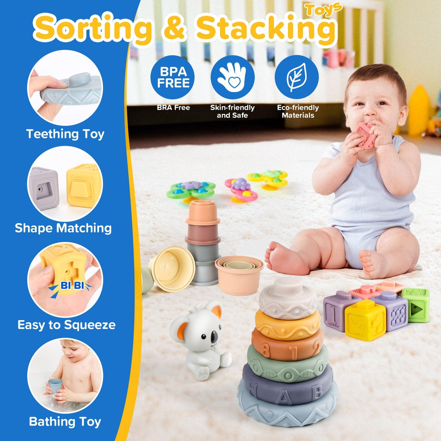 Somastung 6-in-1 Baby Toys for 6-12 Months | Montessori Sensory Set with Teething & Stacking Blocks