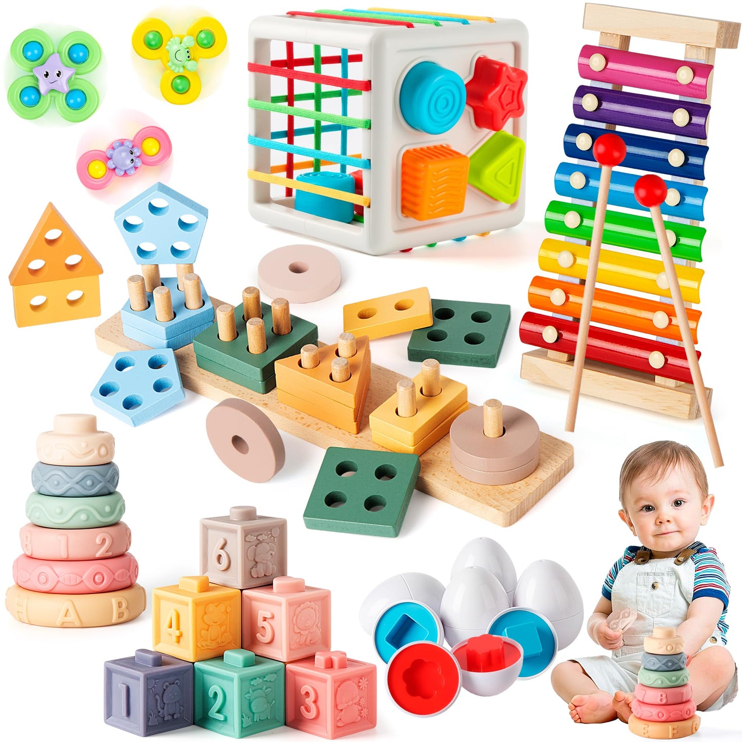 Somastung 7-in-1 Montessori Baby Toys – Wooden Xylophone, Sorting Blocks & More for 6-12 Months