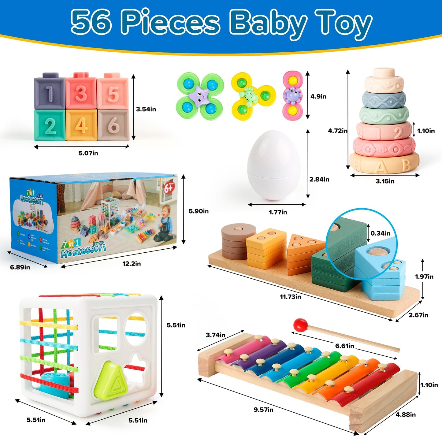 Somastung 7-in-1 Montessori Baby Toys – Wooden Xylophone, Sorting Blocks & More for 6-12 Months