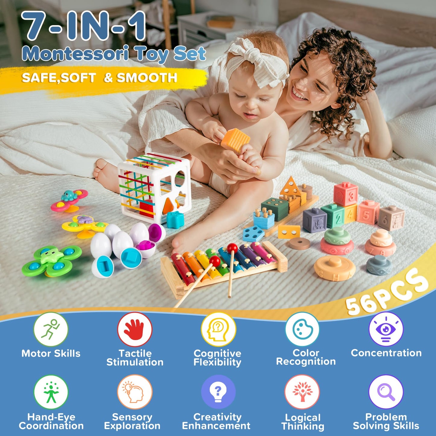 Somastung 7-in-1 Montessori Baby Toys – Wooden Xylophone, Sorting Blocks & More for 6-12 Months