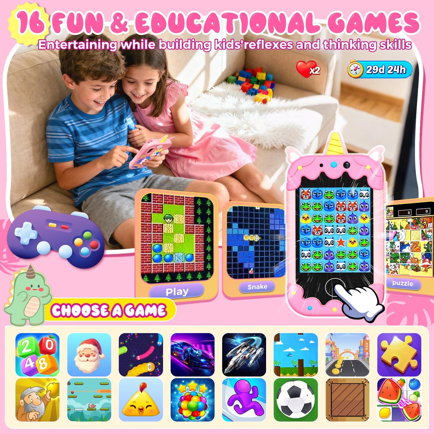 Sompaty Kids Smart Phone 2.8-inch Touchscreen HD, Dual Cameras, 16 Games, 16GB Card | Safe Toy Phone for Kids Aged 3-12