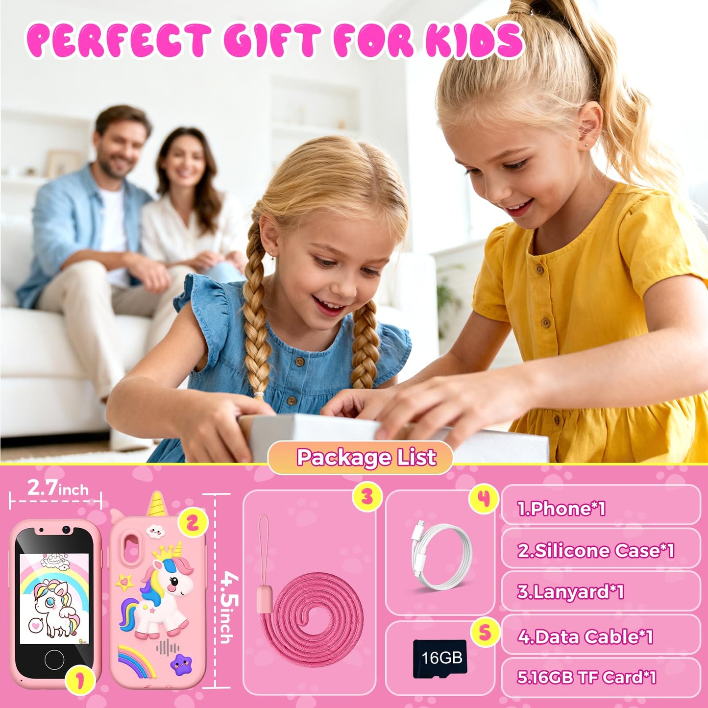 Sompaty Kids Smart Phone 2.8-inch Touchscreen HD, Dual Cameras, 16 Games, 16GB Card | Safe Toy Phone for Kids Aged 3-12