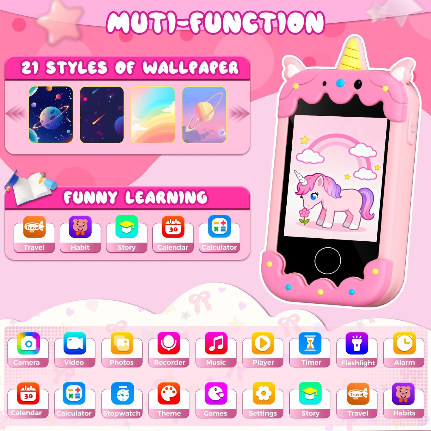 Sompaty Kids Smart Phone 2.8-inch Touchscreen HD, Dual Cameras, 16 Games, 16GB Card | Safe Toy Phone for Kids Aged 3-12