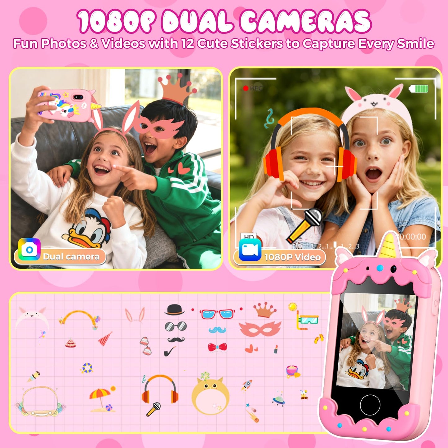 Sompaty Kids Smart Phone 2.8-inch Touchscreen HD, Dual Cameras, 16 Games, 16GB Card | Safe Toy Phone for Kids Aged 3-12
