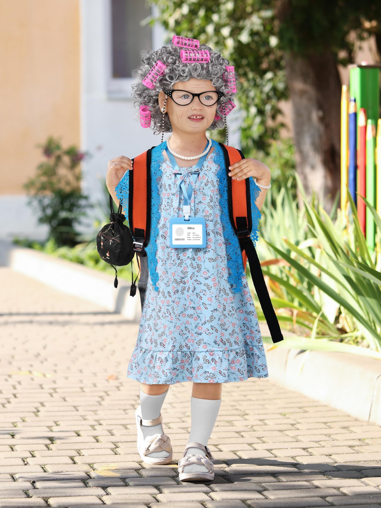 SOMSOC 13-Piece Old Lady Costume for Kids – 100th Day Grandma Outfit with Wig & Shawl