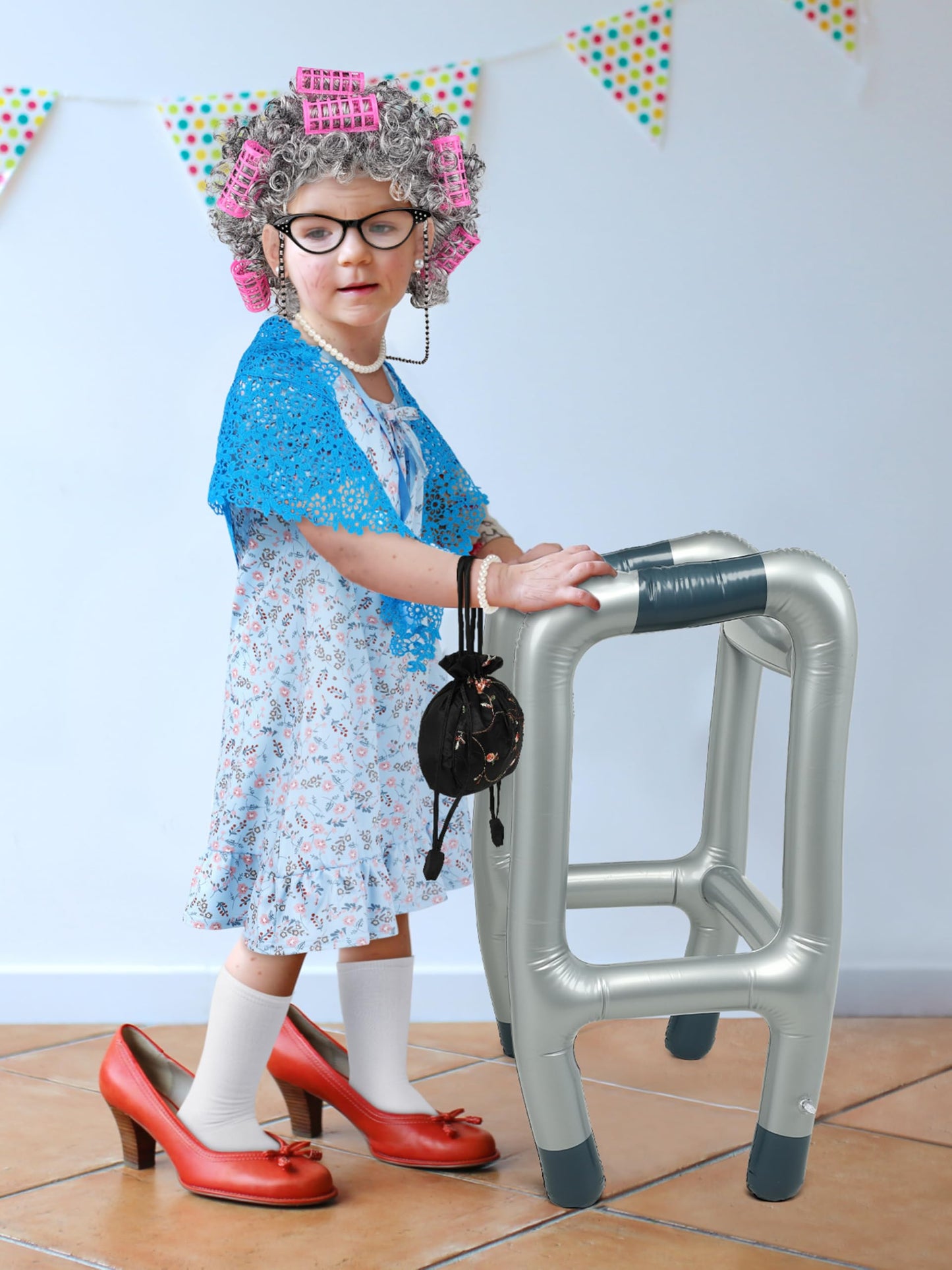 SOMSOC 13-Piece Old Lady Costume for Kids – 100th Day Grandma Outfit with Wig & Shawl