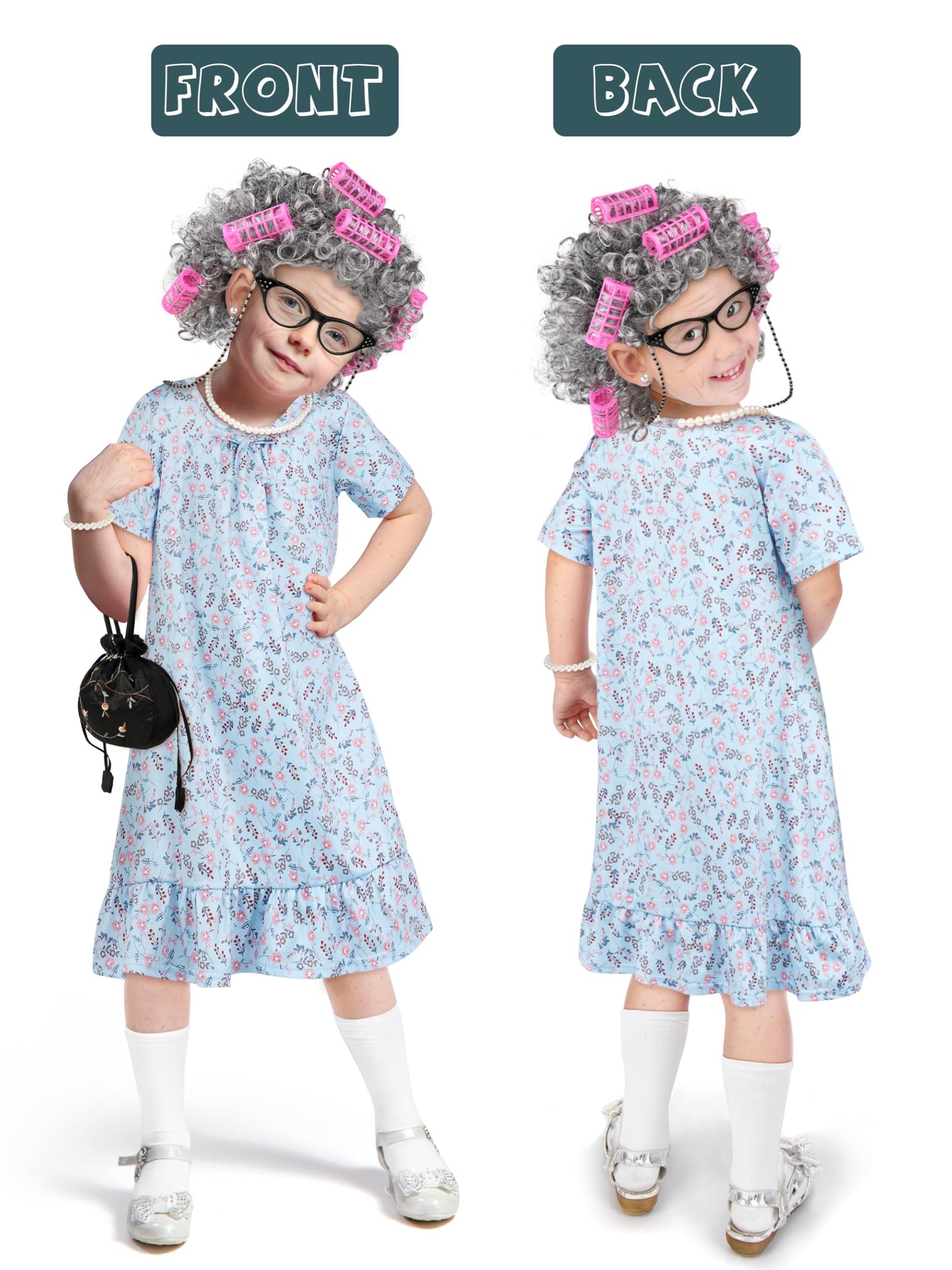 SOMSOC 13-Piece Old Lady Costume for Kids – 100th Day Grandma Outfit with Wig & Shawl